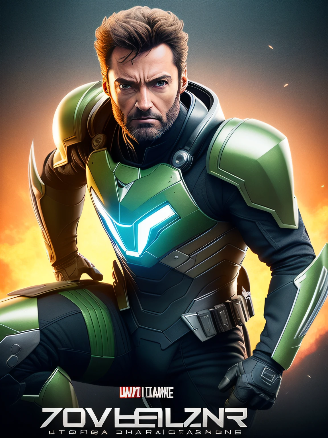 Hugh Jackman como wolverine, efeito vhs, (poster: 1.6), poster on the wall, nostalgia, movie poster, retrato, cloBest quality Nousr robot, CGUNIDADE, 8k, Foto crua de (majo: 1.2) Homem Ciborgue, Estilo Warframe, ouro preto, Ultra Detalhado, luz ambiente, volumeric lighting, realista, lifelike lighting, cinematic lighthing, profundidade de campo, foco nítido, dinamic pose, foco no rosto, olhando para o espectador, (Alto contraste: 1,2), (film granulation) Capacete verde, armadura verde, TRABALHA FORESTA, TEM FOLHA, ROSTO FERRUGEM, Ollho verde, verde forte, face amarelo, deltoide verde tem estrela amarelo, capacete motocicletase-up (textura da pele), intricadamente detalhado, detalhes finos, hiperdetalhado, ray tracing, Subsurface dispersion, lighting soft fuzzy, raso profundidade de campo, por (Oliver Wetter),
