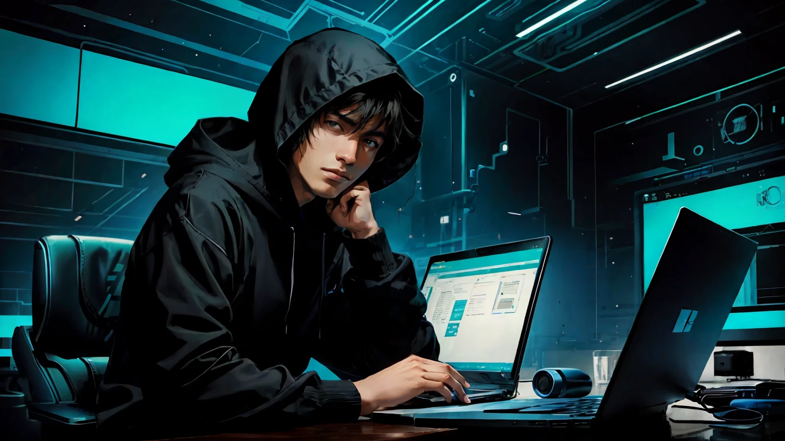 Arafed man in a black hoodie using a laptop, homem roubar computadores, hacker, Hacking, malicioso, furto, na frente de um computador, hackerman, cognitohazard, garota hacker louco, imagem desenhada, Enganar, invadindo o mainframe, An illustraion, Atacando, Avatar dos seus dados pessoais, thief, cel illustration