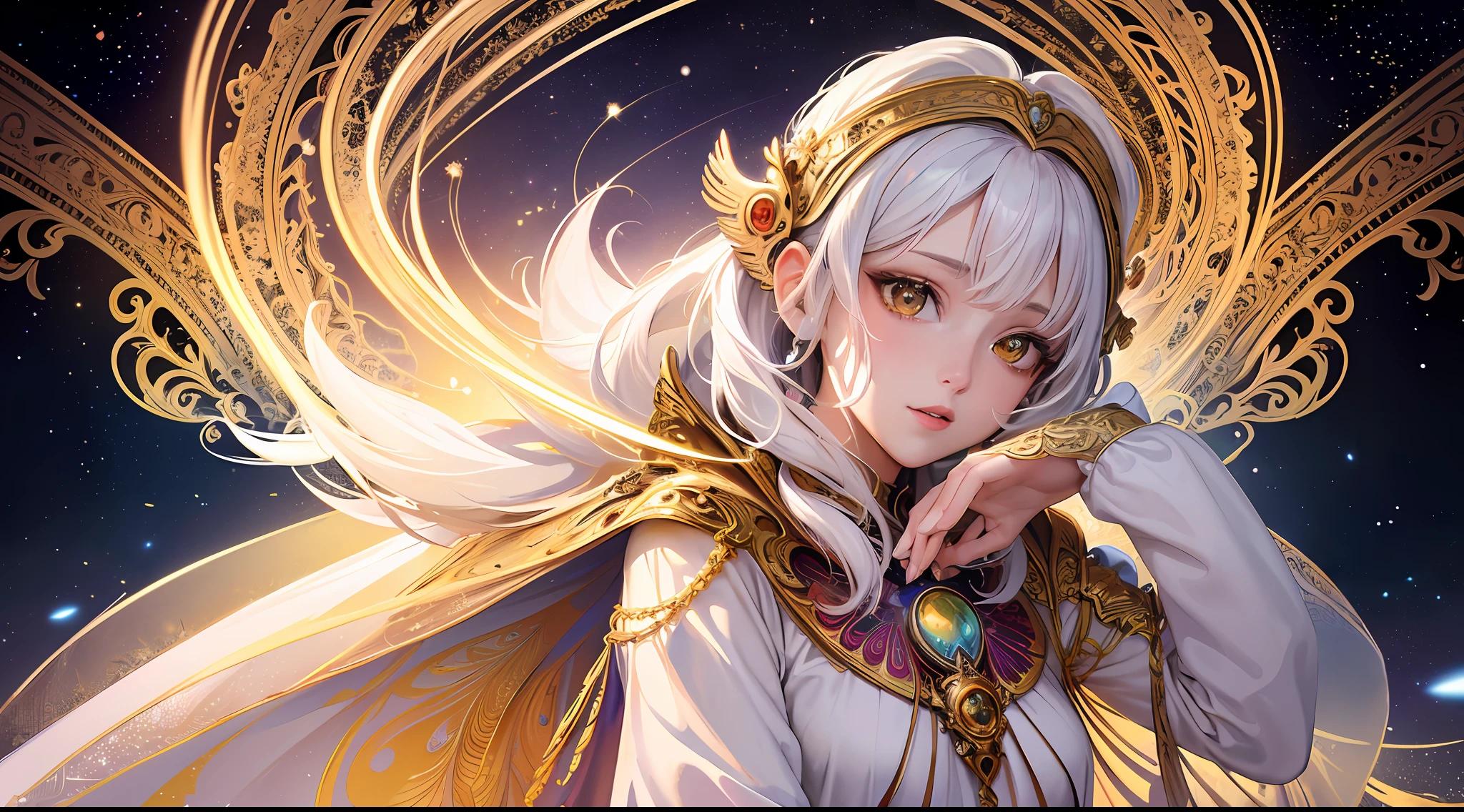 (masterpiece, top quality, best quality, official art, beautiful and aesthetic:1.2), (1girl), extreme detailed, (fractal art:1.3), colorful, highest detailed, perfect face, upper body, HDR, (praying:1.3), (white cloak golden lines:1.2), galaxy, (light streaks), striking visuals, (dynamic streaks, luminous trails:1.2), vibrant colors,