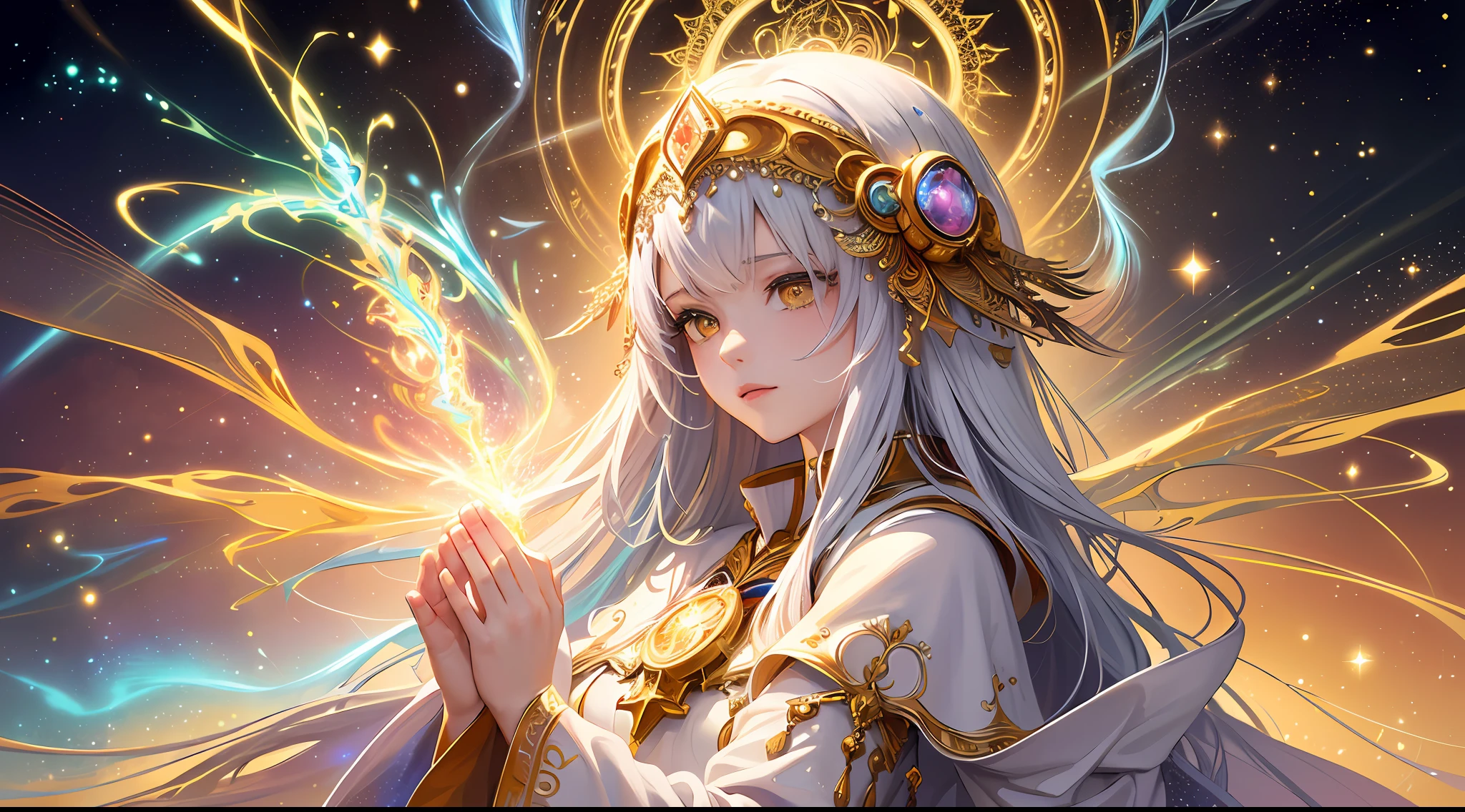 (masterpiece, top quality, best quality, official art, beautiful and aesthetic:1.2), (1girl), extreme detailed, (fractal art:1.3), colorful, highest detailed, perfect face, upper body, HDR, (praying:1.3), (white cloak golden lines:1.2), galaxy, (light streaks), striking visuals, (dynamic streaks, luminous trails:1.2), vibrant colors,
