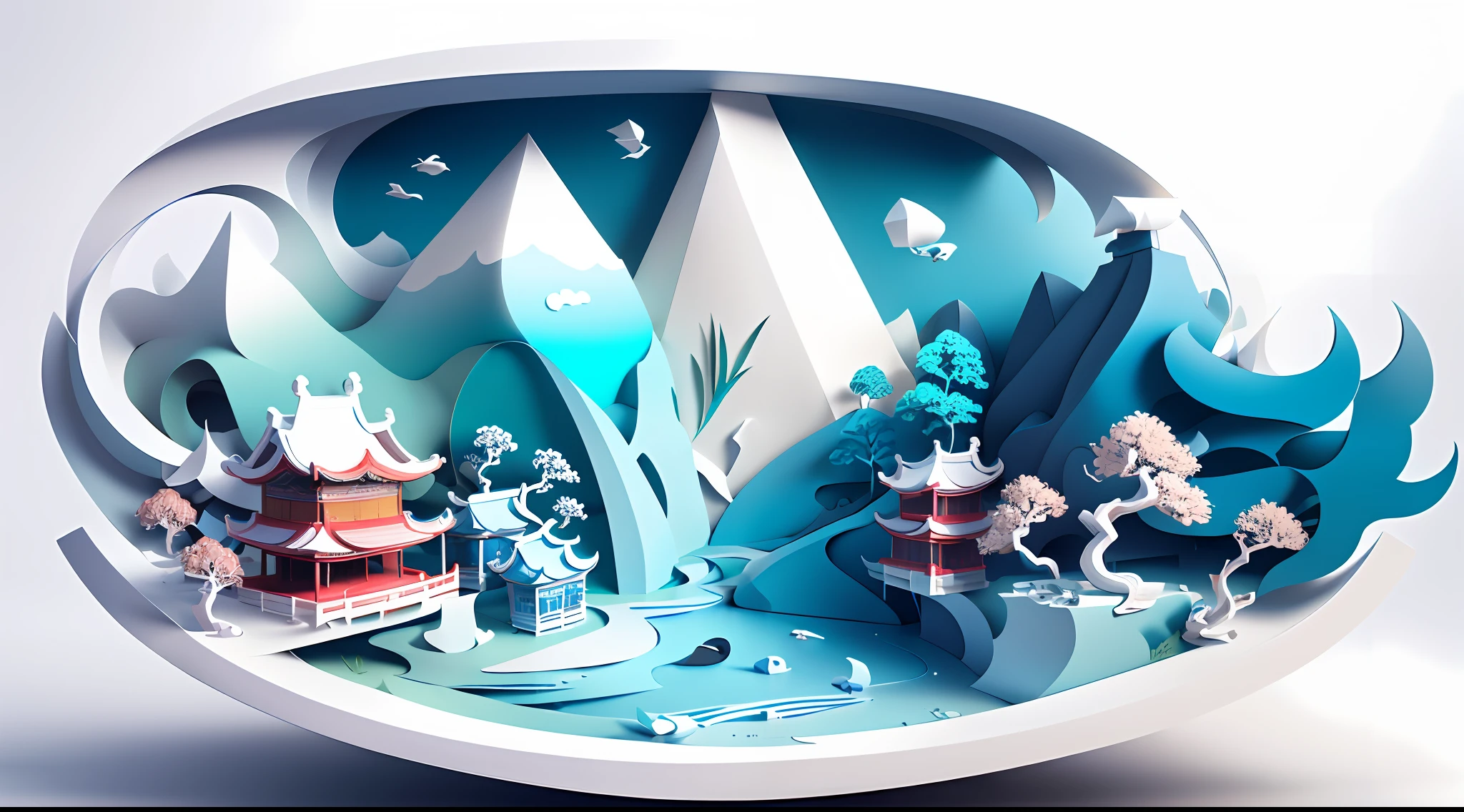 Traditional Chinese landscape painting, paper creation, 3D stereoscopic rendering, color gradient from white to light blue, 4K resolution, simple and natural composition, :white background, fresh and vulgar style. (:nature:)