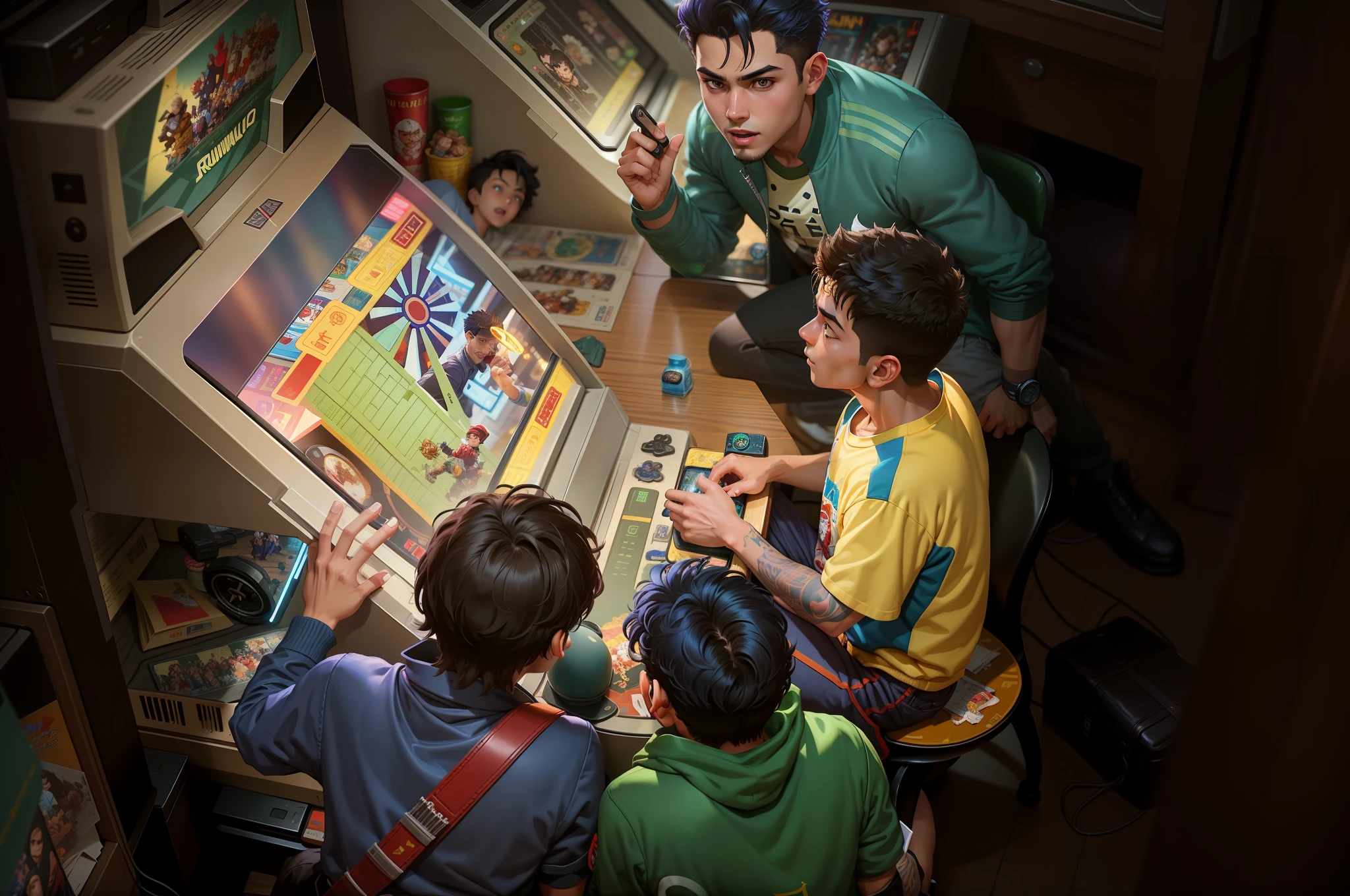There are two boys playing video games at a small table, Fan art, rob rey and kentaro miura style, Game illustration, inspired by Rudy Siswanto, inspired by Liam Wong, gta chinatowon art style, jc leyendecker and sachin teng, a busy arcade, Playing games, hirohiko araki artwork, rpg game art