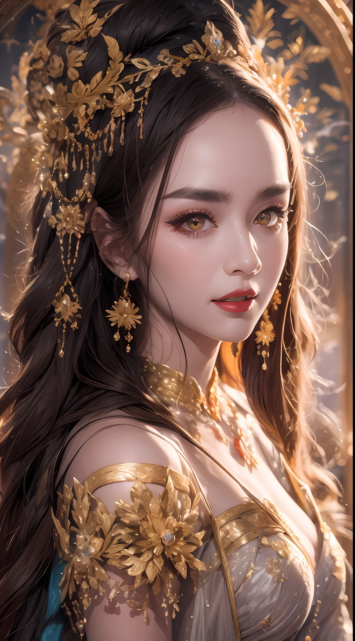 1 beautiful 27-year-old saint, charming adult saint in a long dress made of thin silk, flawless beautiful face, adult, wearing a thin multicolored silk dress, beautiful face without blemishes, (((Natural smile:1.0))), ((flat bangs:0.5)), (((platinum long hair:0.5))), big crown, hair brooch, hanfu dress, fanciful hanfu style, full body jewelry, forehead tattoo, super even chest, beautiful and pretty face, The most beautiful and detailed light red lipstick, ((Thin plump lips:0.3)), ((Golden Eyes color:1.2)), Detailed and delicate lighting effects, light and dark, dramatic lighting, magical light, extremely detailed light, true color, super sharp, realistic, 8k quality, fantasy universe background, saints and magical space, the most detailed images, ((Solo:0.3)), ((a saintess:0.6)), ((looking directly at the saint's upper body:0.4)), upper body, ((smooth skin:0.5)), ((the holy woman's veil:0.6)), ((solo:0.5)), ((alone girl:0.4)), female saint portrait, short images, Upper body portrait, [open mouth], Digital Realistic, ((fanciful red smoke effect:1.2)),