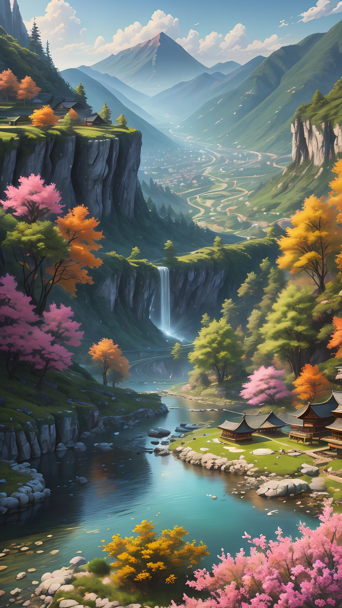 Wallpapers，scenecy，Far Mountain，Eau，Traditional Gangnam，idyllic scenery，（Very detailed CG unity 8K wallpaper），most beautiful artwork in the world，iintricate，high detal，sharp fokus，dramatics，Realistic painting art