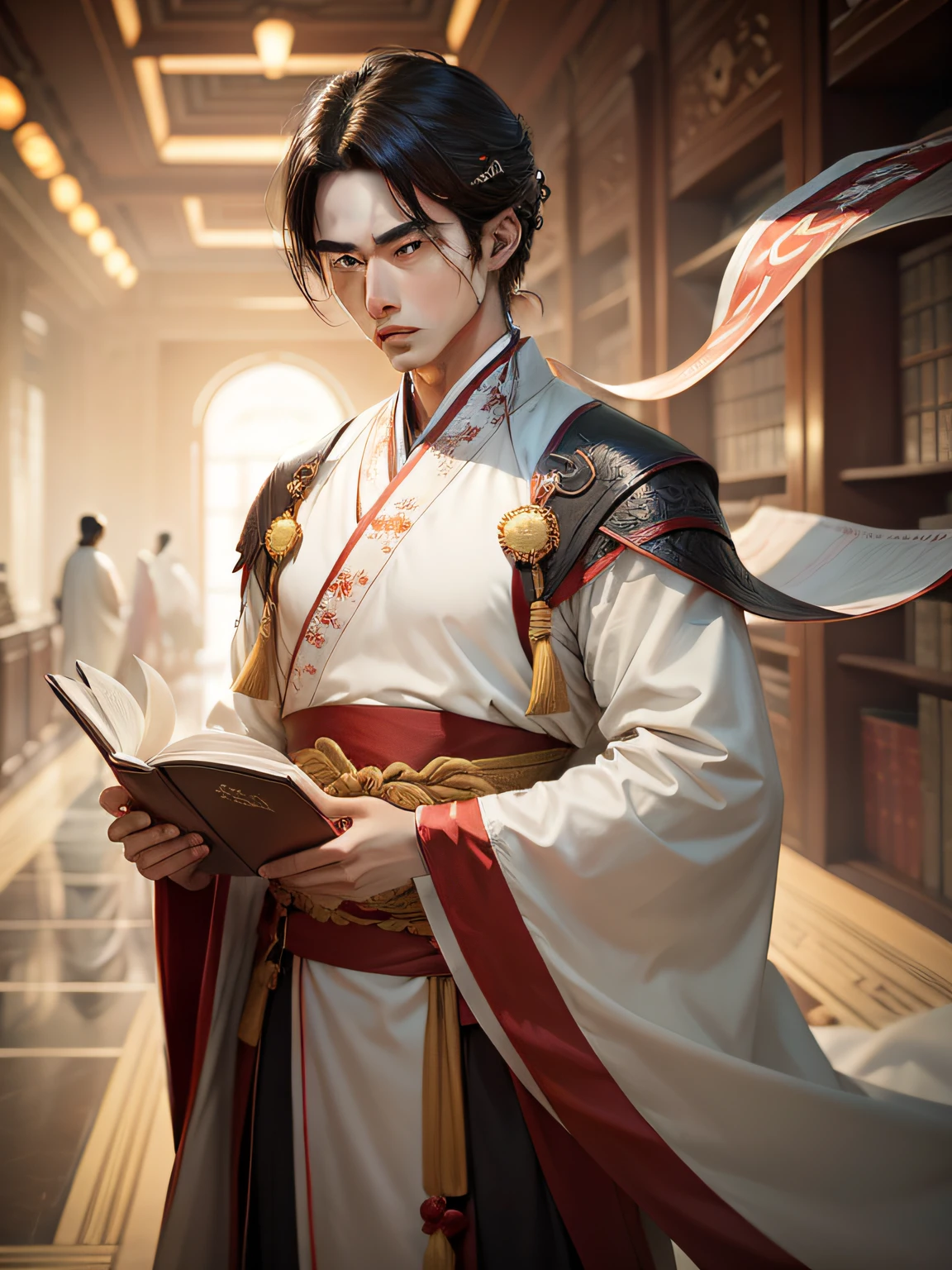 of a guy，The eyes are fierce，There is light all around，Wearing Hanfu，Books in hand，