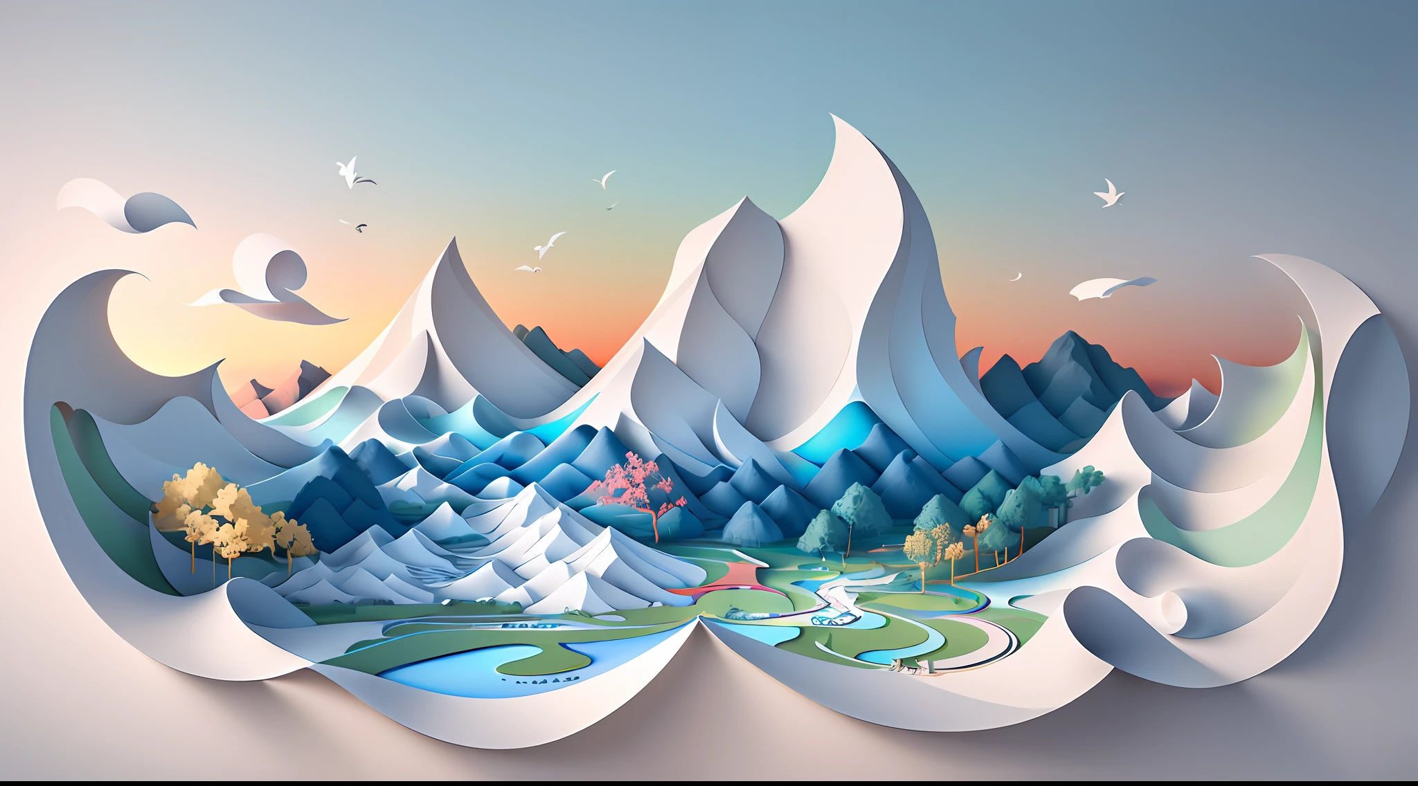 Traditional Chinese landscape painting, paper creation, 3D stereoscopic rendering, color gradient from white to light blue, 4K resolution, simple and natural composition, :white background, fresh and vulgar style. (:nature:)