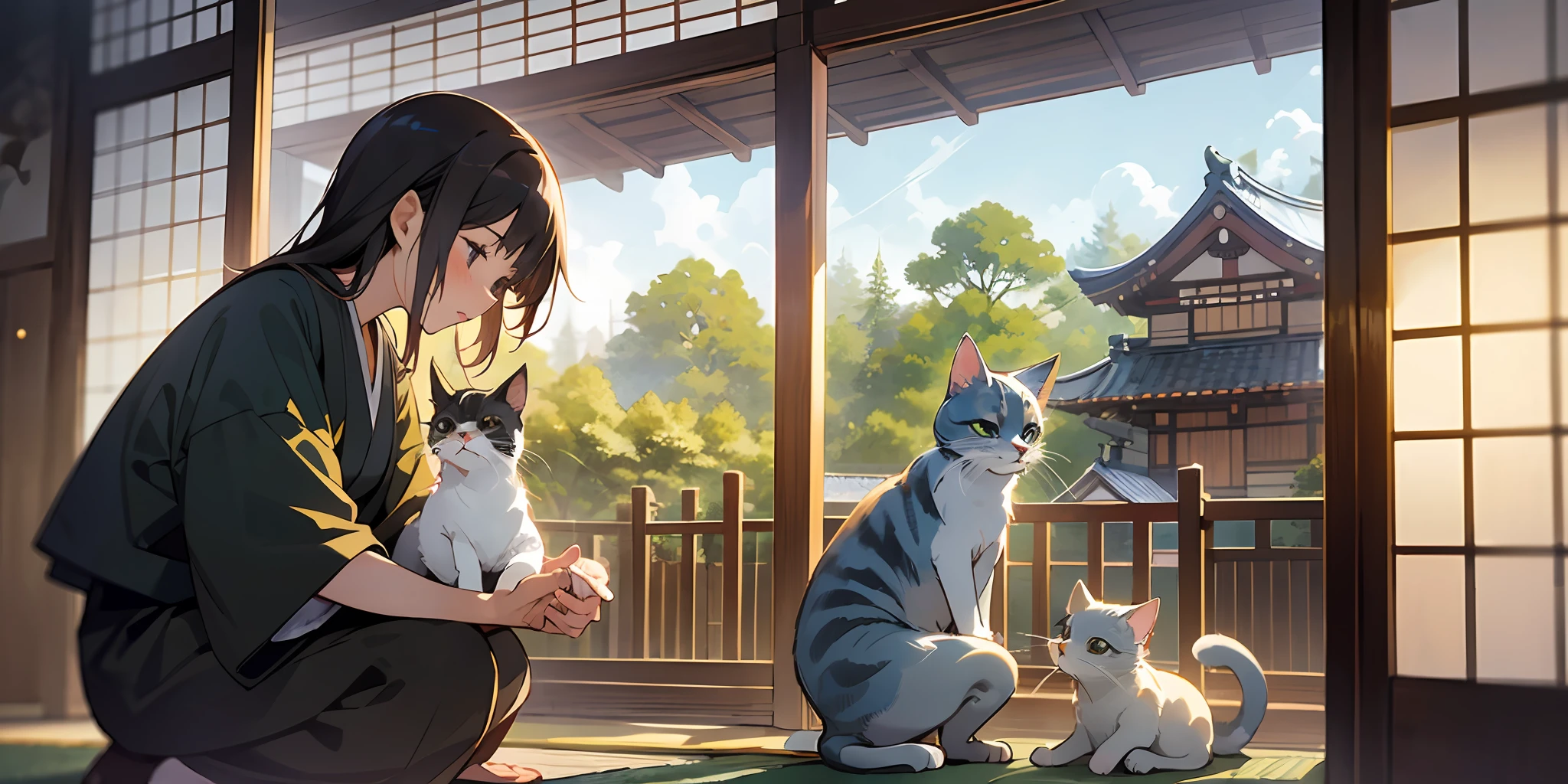 A heartwarming anime illustration of a young girl squatting near the gate of her Japanese-style house, tenderly feeding a cat in the soft morning light. The scene radiates warmth and coziness, capturing the charm of a peaceful and serene moment. The girl's affection for the cat and the traditional Japanese architecture of her house create a delightful and nostalgic ambiance. The soft lighting further enhances the gentle mood, making this artwork a captivating and endearing depiction of a tender morning in an anime world --auto --s2