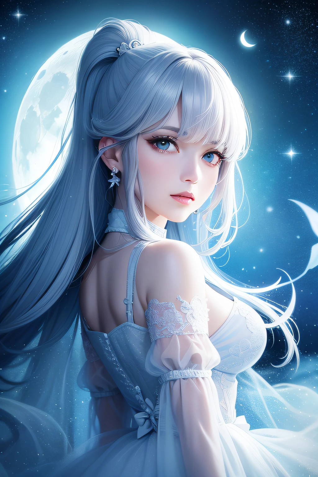 Masterpiece, (Best Quality: 1.2), (Super Fine: 1.2), Illustration, (Extremely Delicate and Beautiful: 1.2), Film Angle, Floating, (Beautiful Detail Eye: 1.1), (Detail Light: 1.1), Film Lights, Delicate Sky, Woman, White Hair, Blue Eyes, (High Ponytail: 1.1), Cloak, Glowing Eyes, (Moon: 1.2), (Moonlight: 1.1), Starry Sky, (Light Particles: 1.1), Fog , snow painting, sketching, blooming