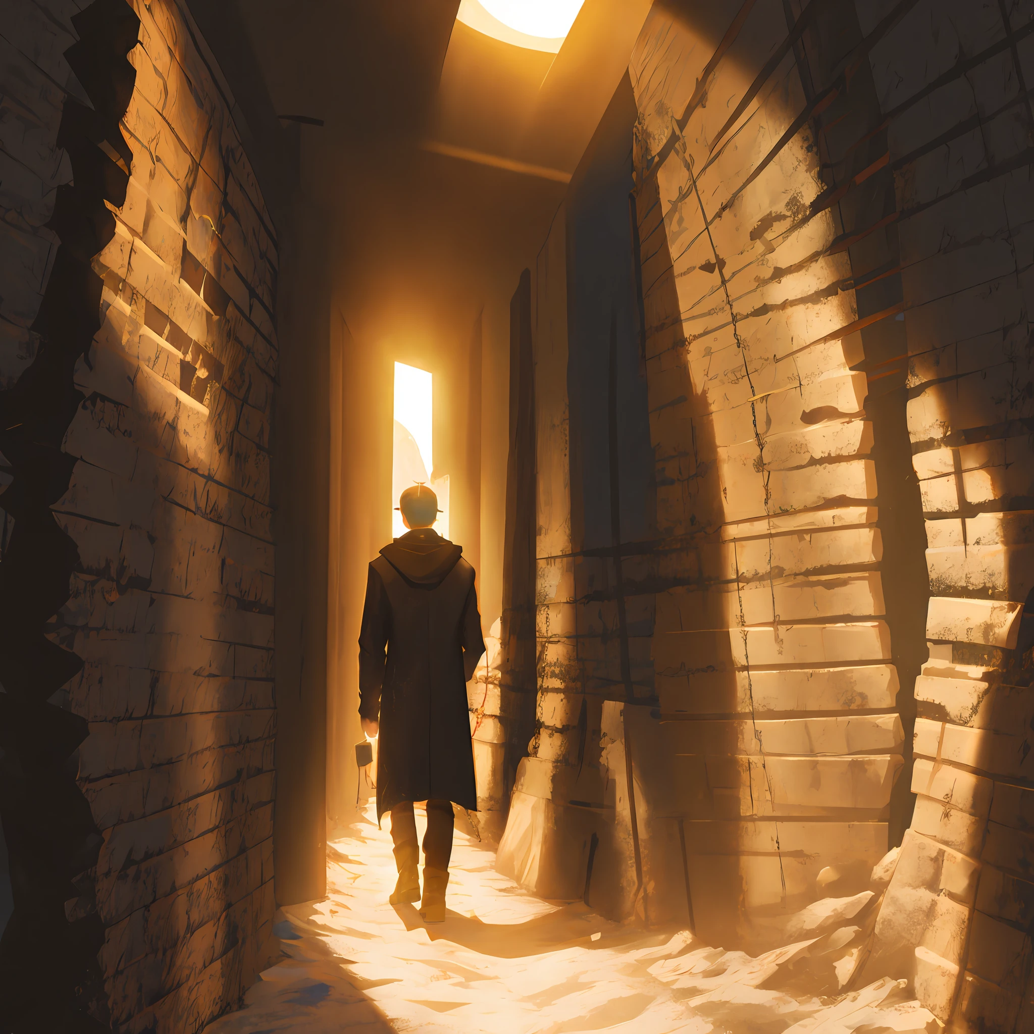 [O mito da caverna, A dark cave with chains and shadows on the wall
A released prisoner walking towards the exit of the cave
A fire lit behind a wall
A bright sun in the sky