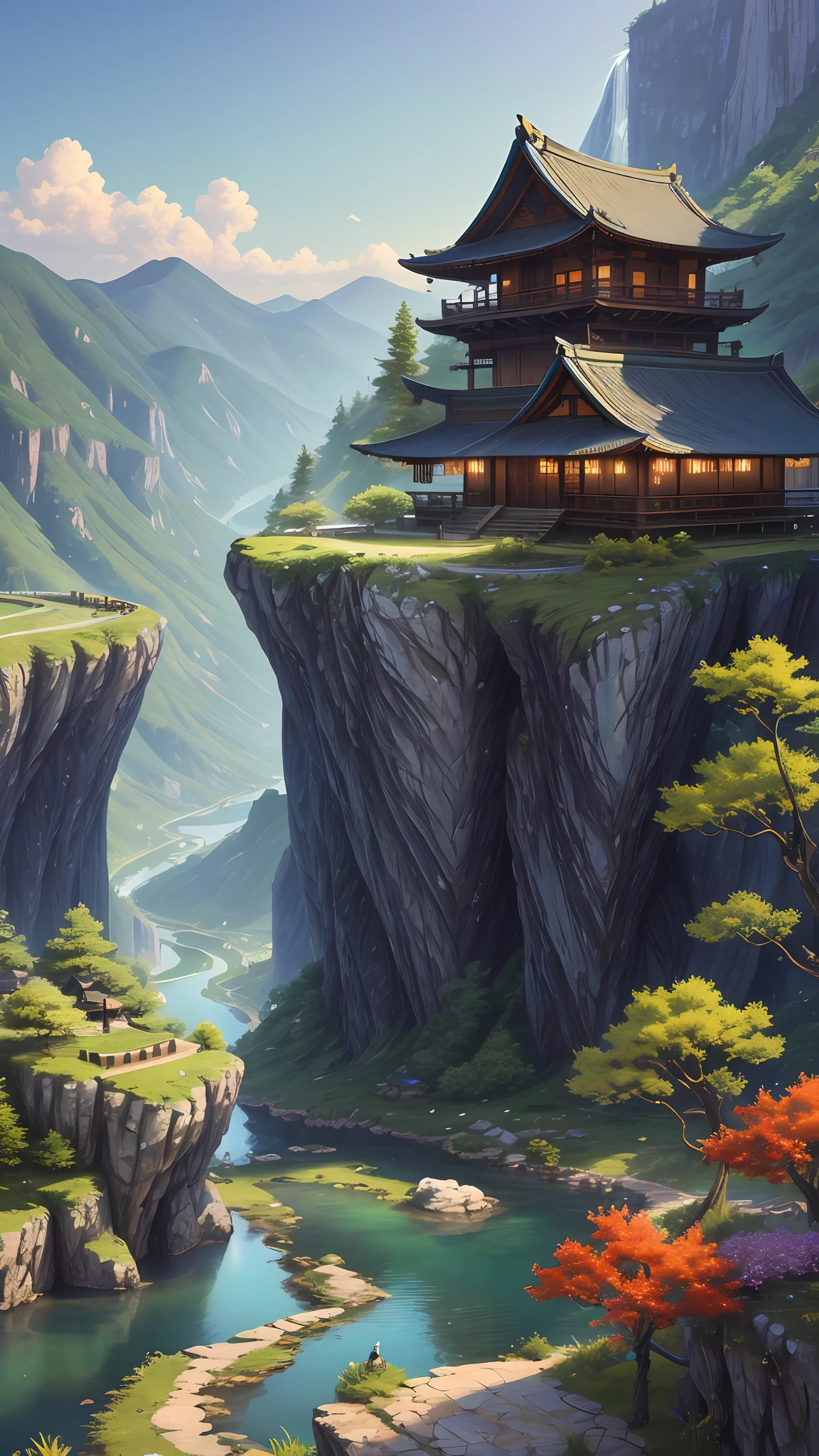 Wallpapers,scenecy,Far Mountain,Eau,Traditional Gangnam,idyllic scenery,(Very detailed CG unity 8K wallpaper),most beautiful artwork in the world,iintricate,high detal,sharp fokus,dramatics,Realistic painting art