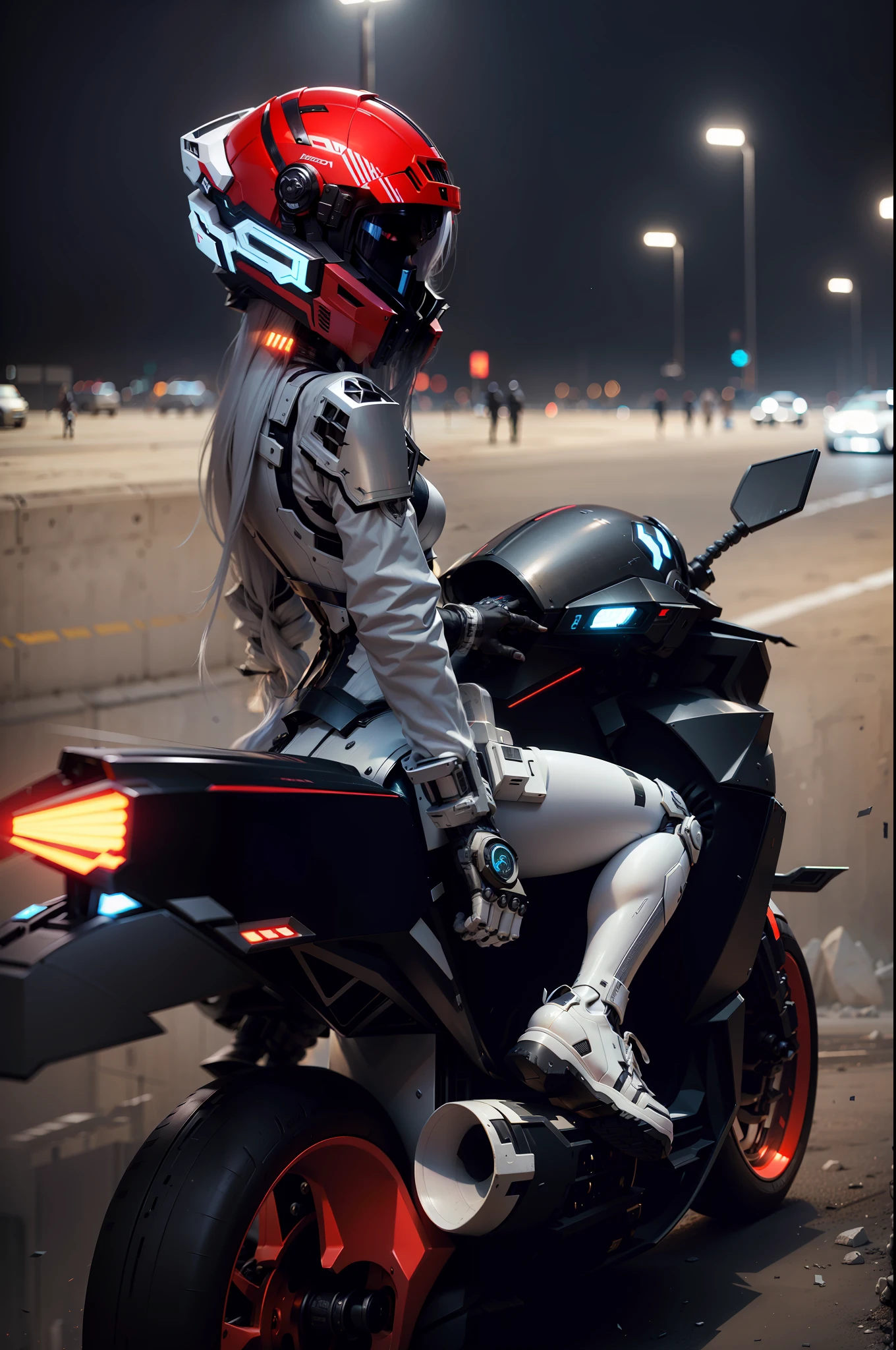 Sexy cyberpunk female knight with long white hair,long white hair,Black cyberpunk mech costume,High-tech white all-inclusive helmet,Biomechanicals, MSHN Robot Man,High-tech helmet,hyper realisitc, Steel, Complex design, insanely details, finely detailled, Extremely clear lines, cinmatic lighting, photograph realistic, A detailed masterpiece