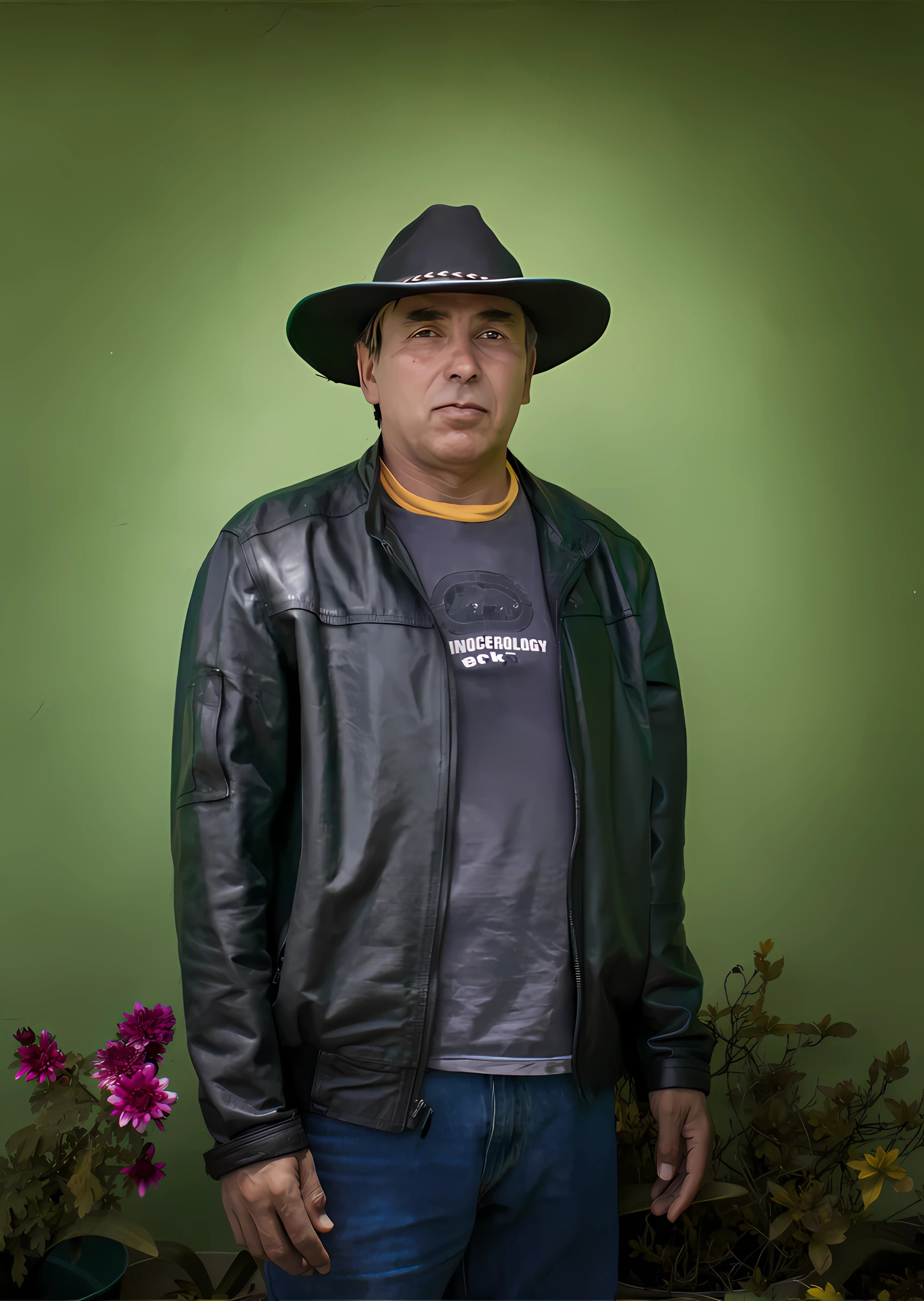 Arafed Hombre con sombrero negro y chaqueta de cuero parado frente a una pared verde, Gopnik con una chaqueta de cuero negro, Foto de un hombre, Un hombre con una chaqueta negra, Zoran Janjetov, in an old 1950s leather jacket, Stetson negro y abrigo, Retrato de Linus Torvalds, imagen vertical, colour portrait photograph, desierto de fondo