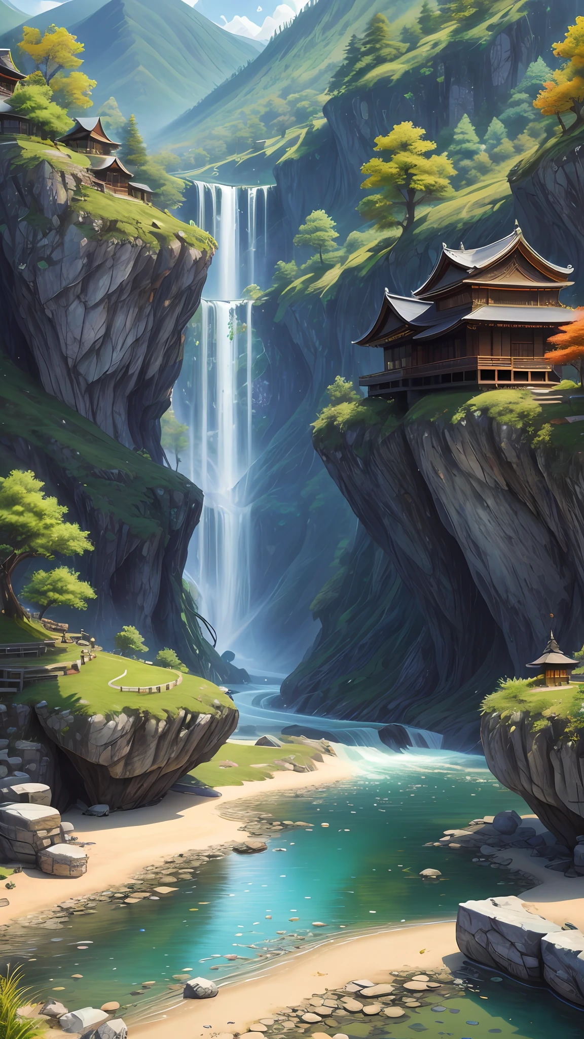Wallpapers,scenecy,Far Mountain,Eau,Traditional Gangnam,idyllic scenery,(Very detailed CG unity 8K wallpaper),most beautiful artwork in the world,iintricate,high detal,sharp fokus,dramatics,Realistic painting art