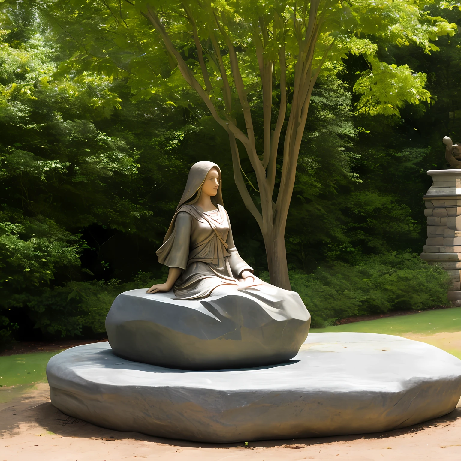 The woman sits on a stone with a sword