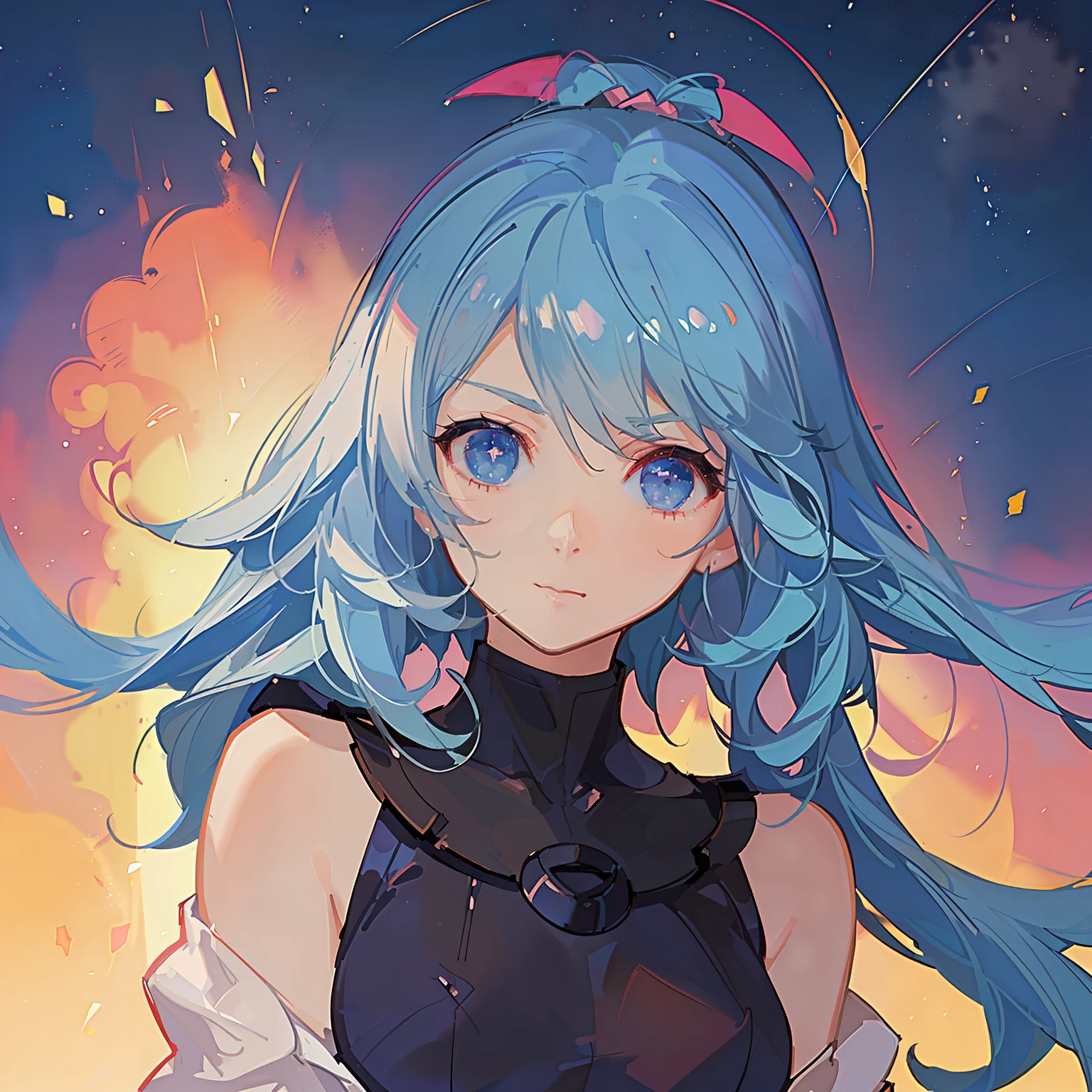 Masterpiece，the detail，Very detailed，Perfect limbs，Anime girl with blue hair and stars on her head, anime moe art style, portrait anime space cadet girl, 2 d anime style, Marin Kitagawa fanart, High Quality Anime Art Style, anime art style,  Kantai collection style, flat anime style shading, Portrait of an anime girl, close up of a young anime girl, Anime style portrait