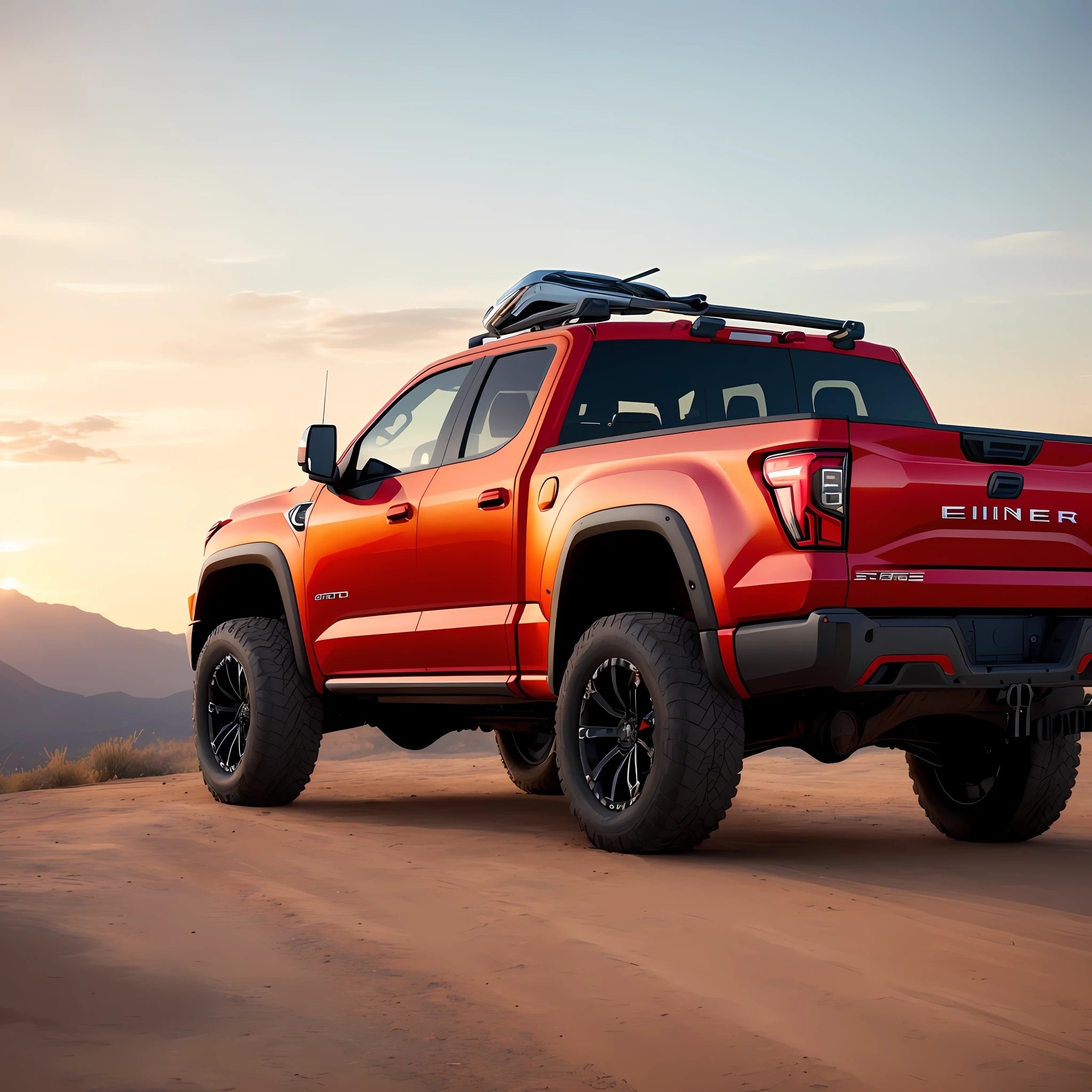 A closeup of a truck with a bike rack in the rear, com rack de teto, (( pneus grossos e altos)) trending on vehicle design, dominance, corpo inteiro, corpo inteiro, 4l, gm, desporto, 🕹️ 😎 🔫 🤖 🚬, Detalhe poderoso, Album art, new vehicle, extremamente intrincado, vehicle, Directed by: Karl Völker