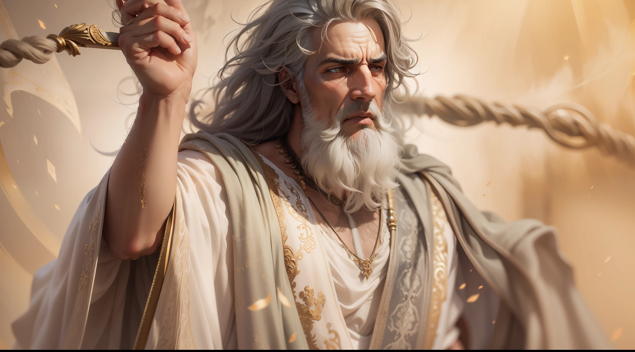 Foto realista, obra-prima, melhor qualidade, artistic composition, in an ancient biblical prophet holding a staff in his hand, explaining something facial expression of intense concentration., roupas altamente detalhadas, texturas de roupas realistas, detalhes abundantes, intrincate details, textura da pele, Pontos, rugas, rugas de roupas, floating dust particles, brilho, brilhante, misterioso, 4k, UHD, da mais alta qualidade