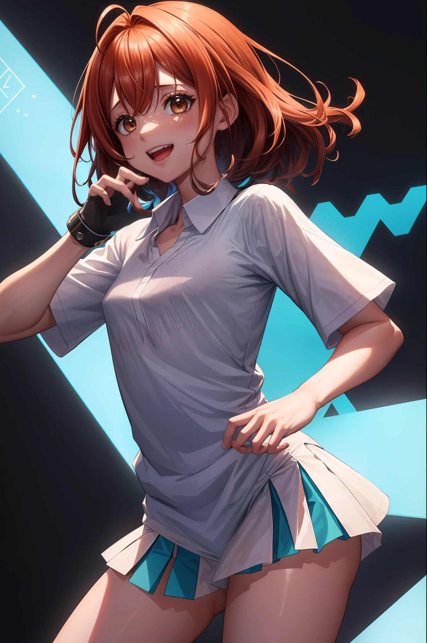 (8k, extremely high quality, melhor qualidade, master part, altamente detalhado:1.2), 1girl, parte superior do corpo, cabelo ruivo da mulher, camisa de rock, (camisa nua, rebocador de camisa), Shy, Meio sorriso, meio-dia, de baixo