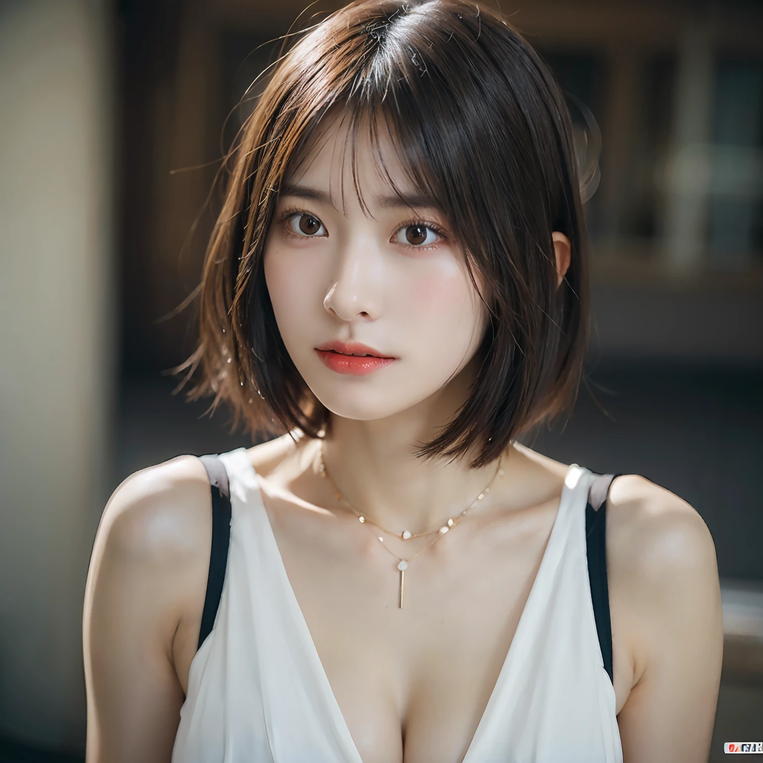 ((Layered Haircut、Colossal tits:1.2)),(photographrealistic:1.4), (Hyper realistic:1.4), (Realistic:1.3), (Smoother lighting:1.05), (increase cinematic lighting quality:0.9), 32K, 1girl in,25-years old, Realistic lighting, Backlighting, Light on Face, raytrace, (Brightening light:1.2), (Increase quality:1.4), (Top quality real texture skins:1.4), finely detailed eyes, finerly detailed face, (tired and sleepy and joy:0),a necklace, (Increase body line mood:1.1), (Increase the beauty of skin texture:1.1),Colossal tits,cunt,The whole body is reflected