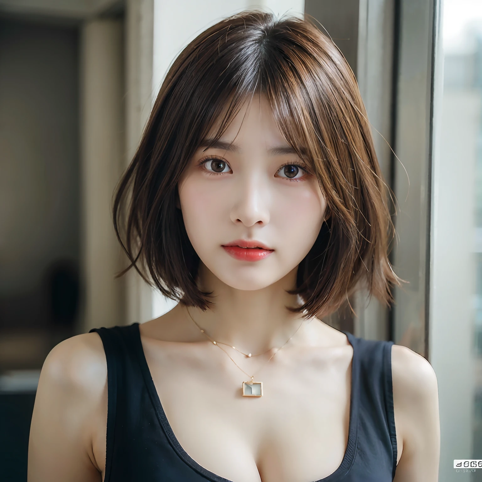 ((Layered Haircut、Colossal tits:1.2)),(photographrealistic:1.4), (Hyper realistic:1.4), (Realistic:1.3), (Smoother lighting:1.05), (increase cinematic lighting quality:0.9), 32K, 1girl in,25-years old, Realistic lighting, Backlighting, Light on Face, raytrace, (Brightening light:1.2), (Increase quality:1.4), (Top quality real texture skins:1.4), finely detailed eyes, finerly detailed face, (tired and sleepy and joy:0),a necklace, (Increase body line mood:1.1), (Increase the beauty of skin texture:1.1),Colossal tits,cunt,The whole body is reflected