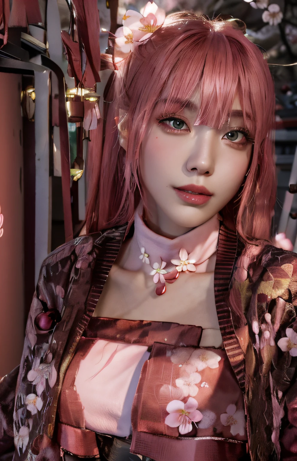 (Masterpiece, Superb Style, 1Girl, Solo, Intricate Details, Color Aberration), Realism, ((Medium Breath)), Bare Shoulders, Long Pink Hair, Red Headgear, Red Highlight, Hair Above One Eye, Green Eyes, Earrings, Sharp Eyes, Perfect Symmetrical Figure, Choker, Neon Shirt, Open Jacket, Turtleneck, Against Wall, Brick Wall, Graffiti, Dim Lighting, Alley, Looking at the Audience, ((Mean, Seductive, Glamorous)), (((Cherry Blossom Background))), (( Japanese temple background))), (((luminous background)))