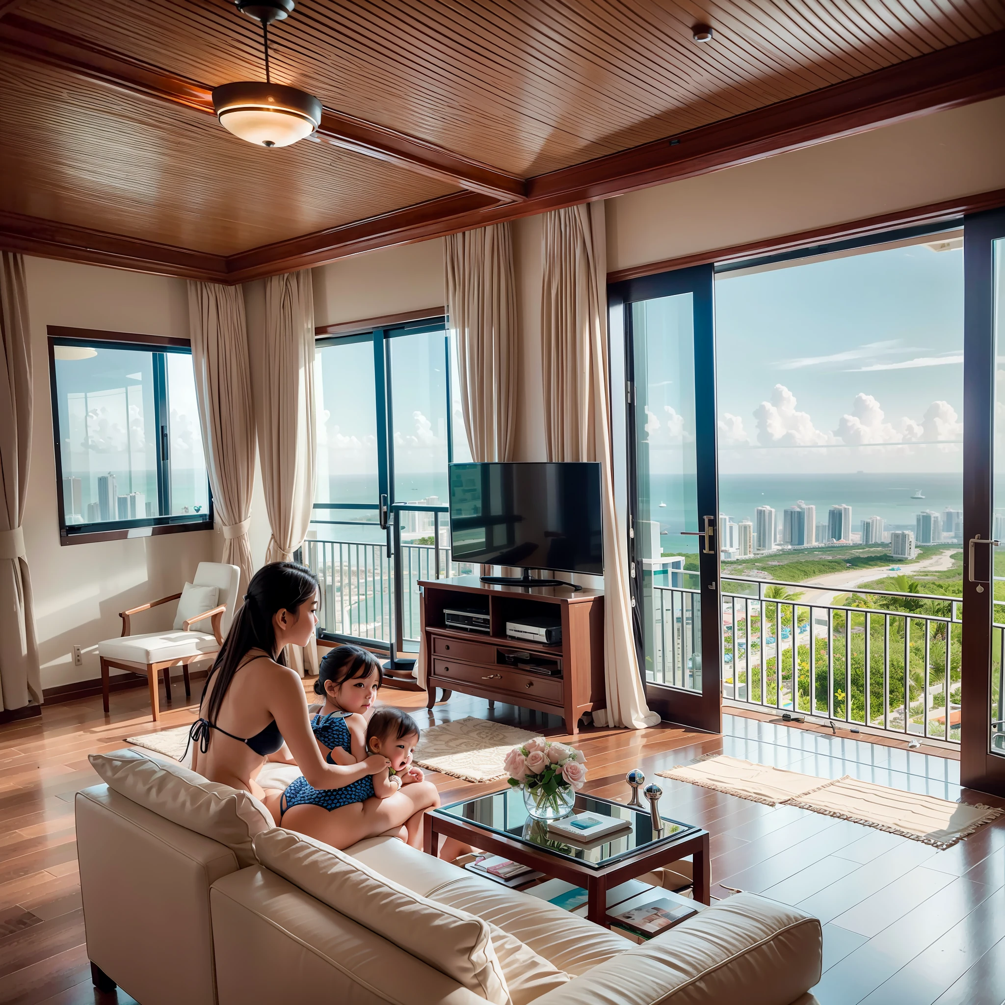Sea Flower Island 108th floor apartment, Hainan,Five bikini girls sitting in living room watching TV,There is a little six-month-old corgi playing next to it,There are also some bonsai,Canon shooting,Enjoy a panoramic view of Sea Flower Island with a telescope