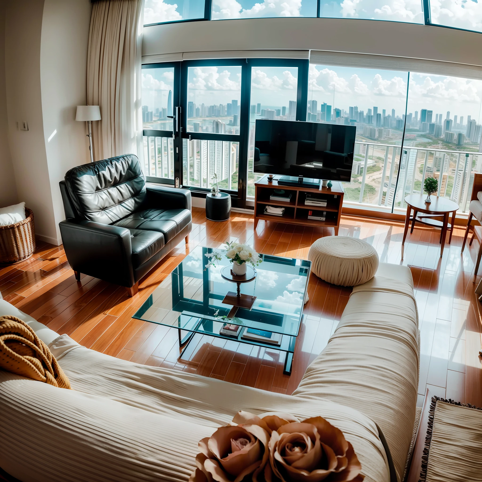 Sea Flower Island 108th floor apartment, Hainan,Five bikini girls sitting in living room watching TV,There is a little six-month-old corgi playing next to it,There are also some bonsai,Canon shooting,Enjoy a panoramic view of Sea Flower Island with a telescope