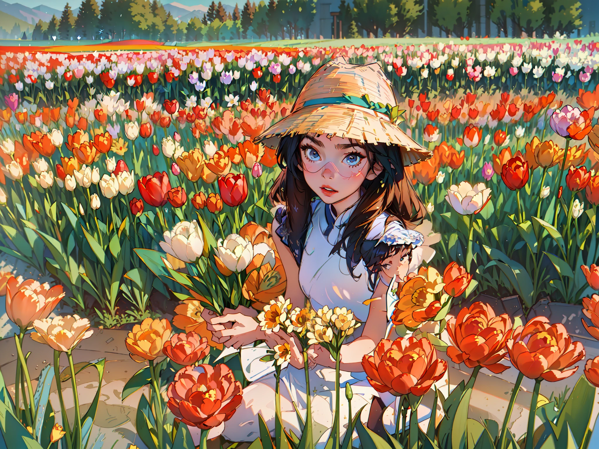 pretty 28 year old chinese woman wearing a sun hat and sunglasses kneeling in a field of tulips, tall and slim, wearing a white sleeveless halter dress, holding a bouquet of tulips, girl in a tulip field, girl in flowers, girl kneeling in a tulip field, in a field of flowers, picking flowers, girl standing in a flower field