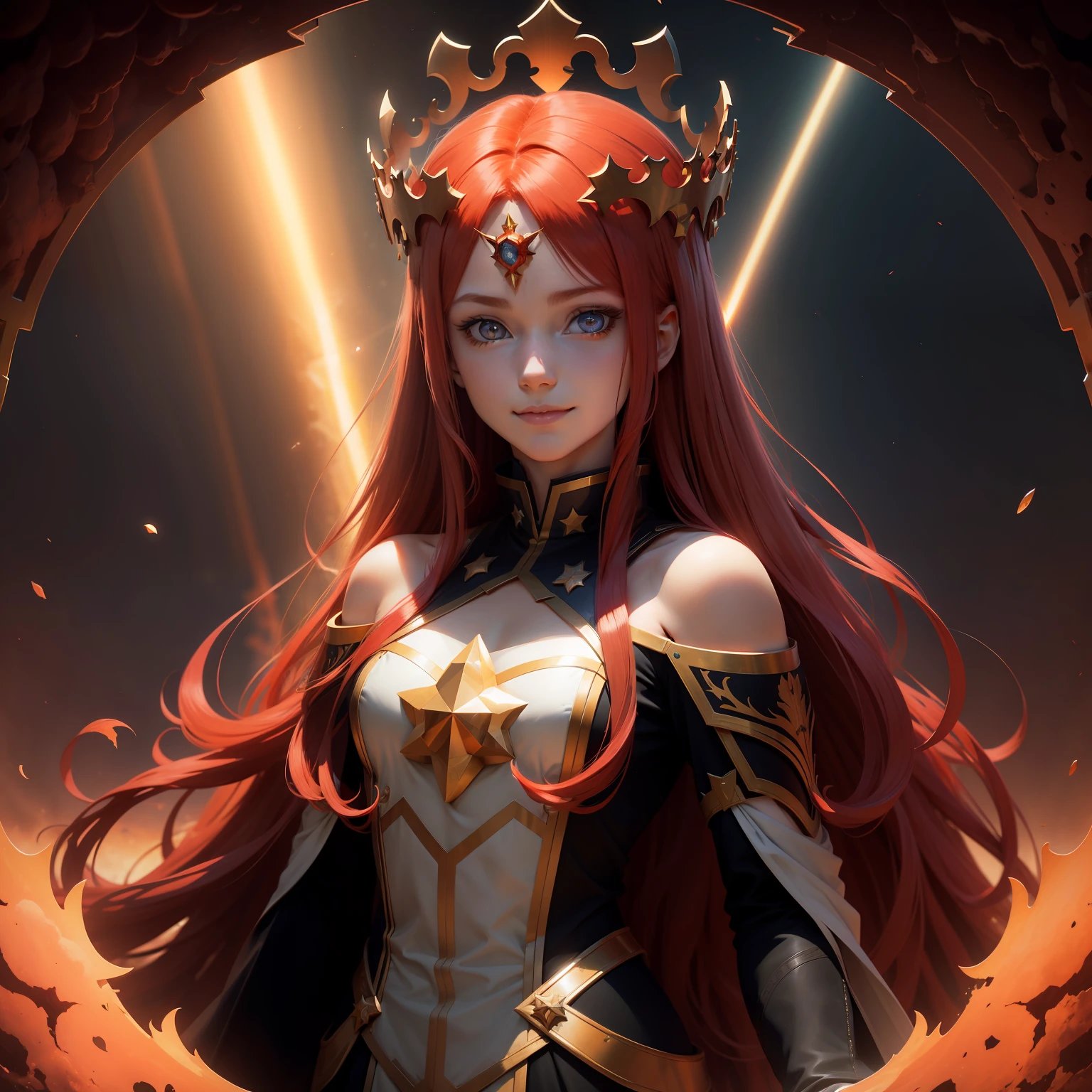 red hair, long hair, halo, crown, star-shaped pupils, light smile, Surrealism, drop shadow, anaglyph, stereogram, tachi-e, pov, atmospheric perspective, god rays, character chart, super detail, ccurate, best quality