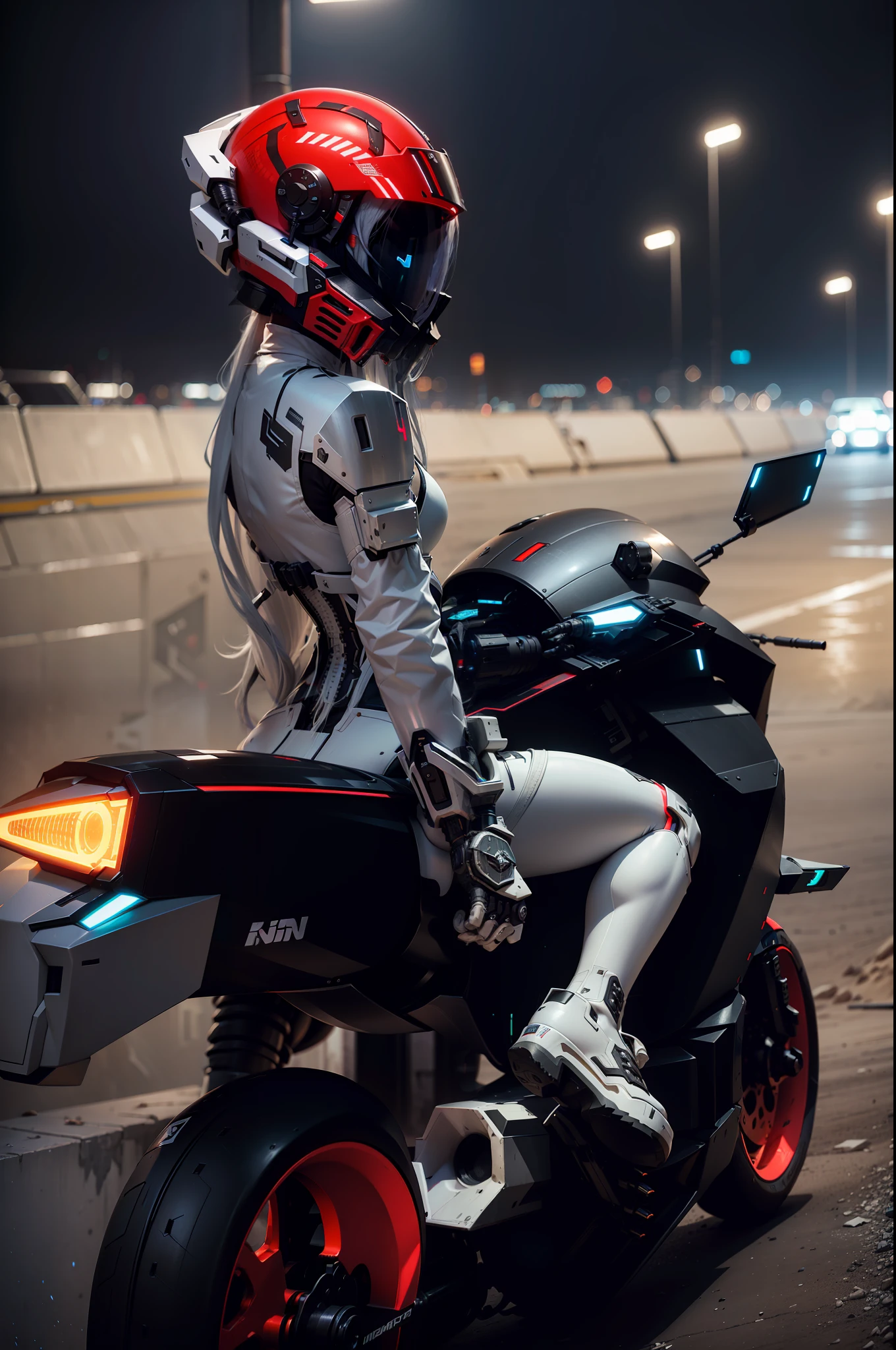 Sexy cyberpunk female knight with long white hair，long  white hair，Black cyberpunk mech costume，High-tech white all-inclusive helmet，Biomechanicals， MSHN Robot Man，High-tech helmet，hyper realisitc， Steel， Complex design， insanely details， finely detailled， Extremely clear lines， cinmatic lighting， photograph realistic， A detailed masterpiece
