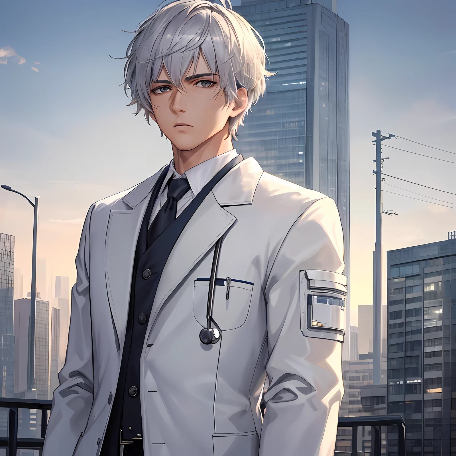 Masterpiece,4K,Ultra detail,A high resolution,A man with short silver hair, doctor outfit, upper body,Anime style,urban backdrop