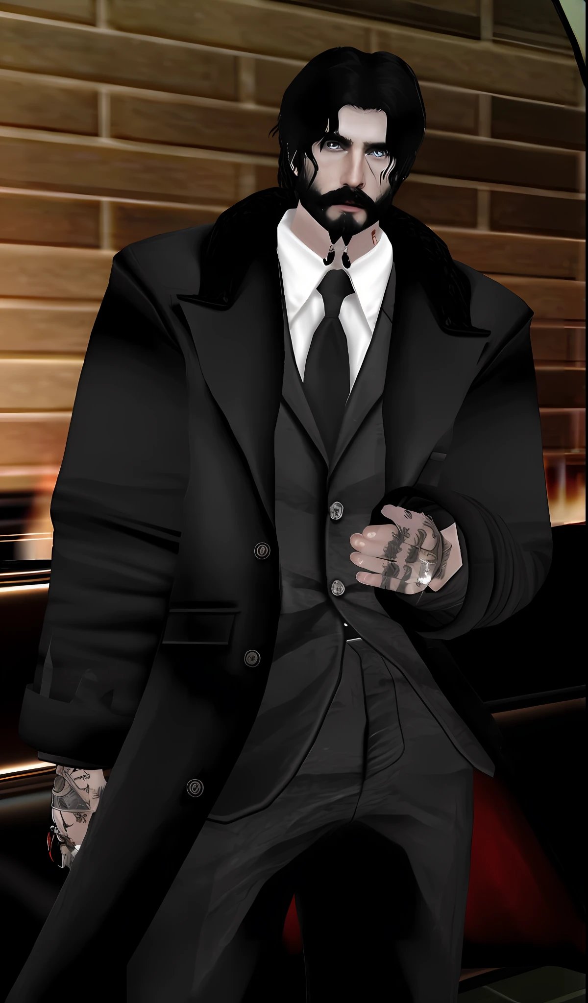 There's a man in a black coat and tie standing, terno preto formal. circunstanciado, terno escuro, vestindo terno cinza preto, Detalhe do assunto: vestindo um terno, elegante, escorregadio!!, lawyer suit, ((vestindo manto aristocrata)), IMVU, Neo - Estilo Preto, Neo Estilo Preto, Stetson preto e casaco, ((UHD, 32k, UHD:1.3, hiper detalhado)), (RAW foto: 1.2), (fotorrealista: 1.4), (detalhes intrincados: 1.2), (obra-prima: 1.3), (melhor qualidade: 1.4), (ultra highres: 1.2), cinema light, ultra alta realista, (olhos detalhados), (detailedfacialfeatures), provocante, (detailed features of the outfit),HDR, 8K分辨率, (extremely detailed illustration), (extremely detailed illustration), retrato de corpo inteiro, lente de 50mm, abertura f/4, (super detalhe), 8mm film grain, cinematiclight, luz lateral, Lens Flare, Ray Tracing, (olhos detalhados), Unreal Engine Intrincado (Detalhe Alto: 1.1).