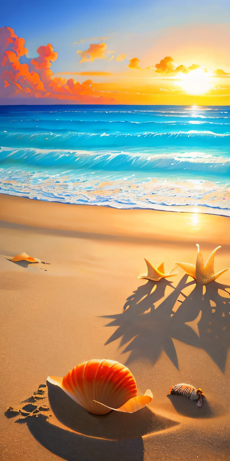 Surrealist painting of conch shells resting on the beach of a tropical paradise at sunset. Warm golden sunlight illuminates the scene, casting a long shadow on the beach. The shell is depicted in stunning detail, and the bold and vivid colors give it a magical, otherworldly quality. Created in the style of Salvador Dali, the painting uses oil on canvas to create a dreamlike atmosphere. Museum-quality artwork invites viewers to step into this fascinating world of sand, sea and sky.