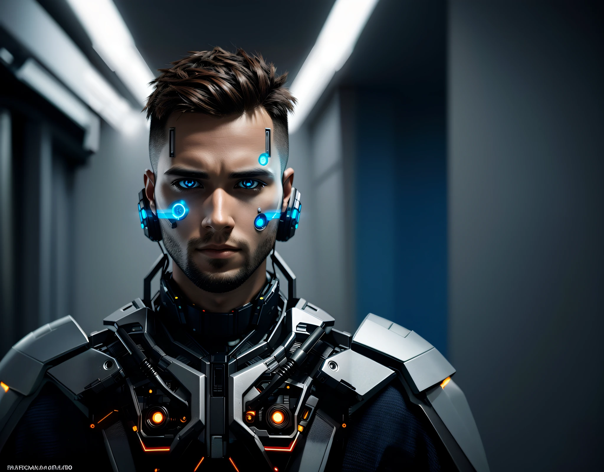 Arafed Hombre con brillantes ojos azules y un traje futurista, Retrato en primer plano de Cyborg, cyborg macho, cyborg macho, Retrato de Cyborg, Atractiva cara sci - fi, Retrato de un cyborg, Retrato de un cyborg cyberpunk, Comandante militar cyborg masculino, Retrato detallado de un cyborg, Retrato cyborg, Retrato de un robot futurista, movie still of a cool cyborg