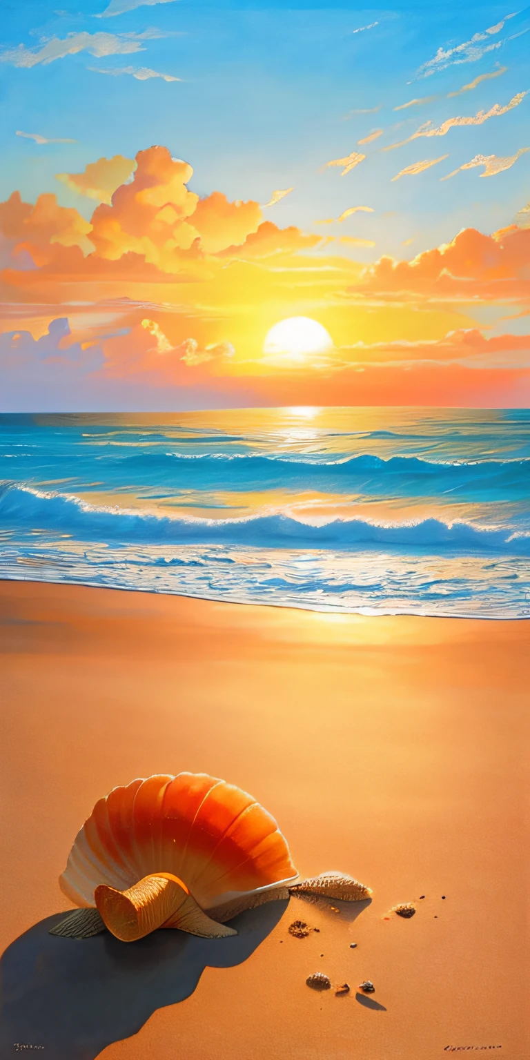 Surrealist painting of conch shells resting on the beach of a tropical paradise at sunset. Warm golden sunlight illuminates the scene, casting a long shadow on the beach. The shell is depicted in stunning detail, and the bold and vivid colors give it a magical, otherworldly quality. Created in the style of Salvador Dali, the painting uses oil on canvas to create a dreamlike atmosphere. Museum-quality artwork invites viewers to step into this fascinating world of sand, sea and sky.