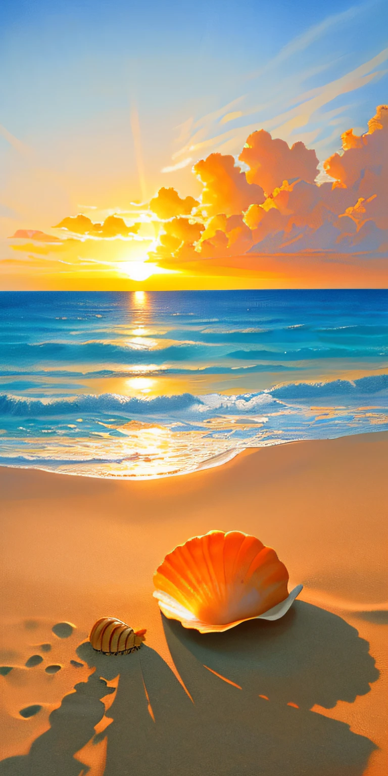 Surrealist painting of conch shells resting on the beach of a tropical paradise at sunset. Warm golden sunlight illuminates the scene, casting a long shadow on the beach. The shell is depicted in stunning detail, and the bold and vivid colors give it a magical, otherworldly quality. Created in the style of Salvador Dali, the painting uses oil on canvas to create a dreamlike atmosphere. Museum-quality artwork invites viewers to step into this fascinating world of sand, sea and sky.