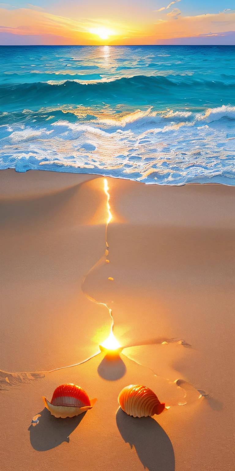 Surrealist painting of conch shells resting on the beach of a tropical paradise at sunset. Warm golden sunlight illuminates the scene, casting a long shadow on the beach. The shell is depicted in stunning detail, and the bold and vivid colors give it a magical, otherworldly quality. Created in the style of Salvador Dali, the painting uses oil on canvas to create a dreamlike atmosphere. Museum-quality artwork invites viewers to step into this fascinating world of sand, sea and sky.
