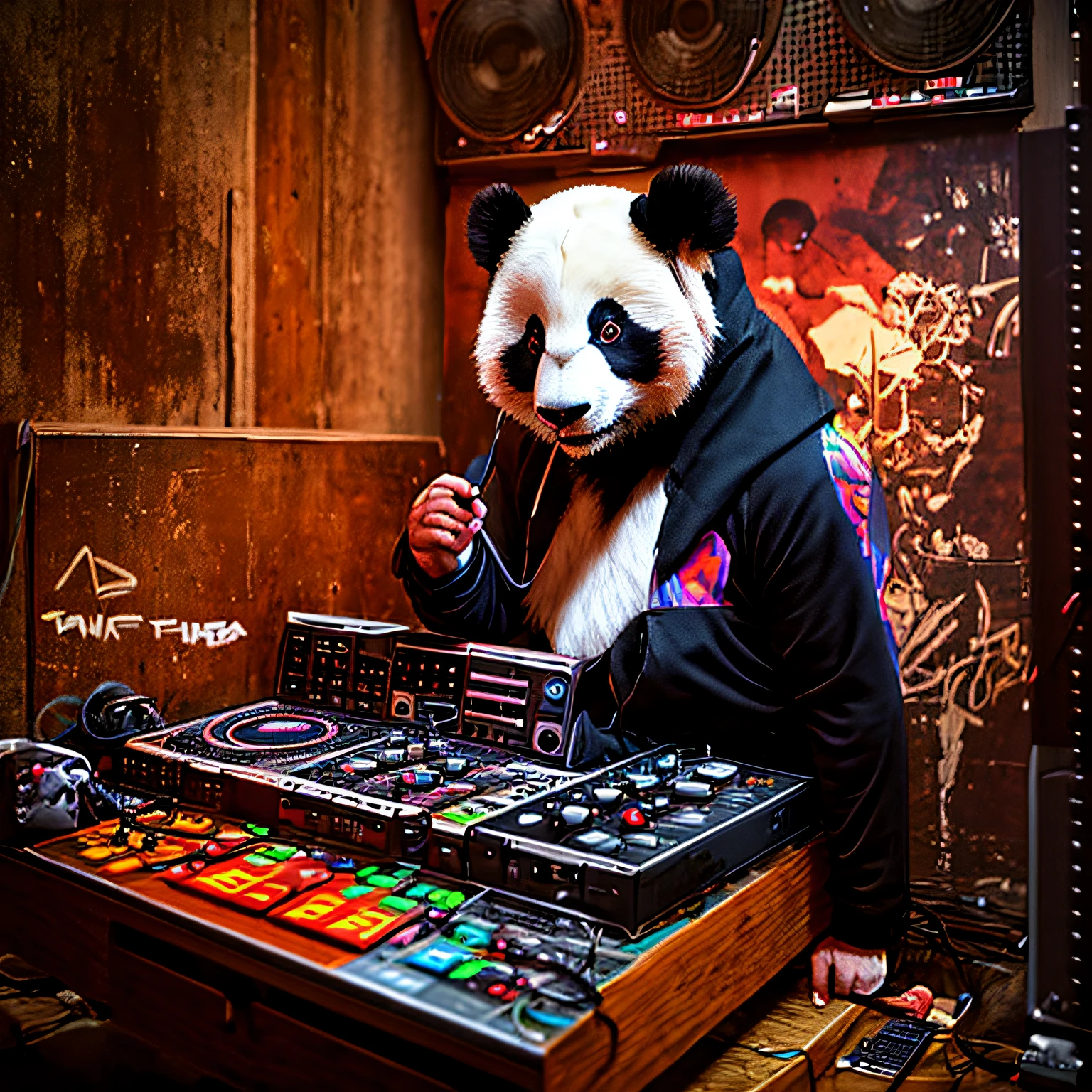 Urso panda sentado em uma mesa com uma mpc e uma vitrola antiga, usando roupa de hip hop estilo anos 90, produtor de hip hop, Wojtek FUS, foto de retrato, beatmaker em seu home studio, sujo e bagungado, with scattered sound equipment and jammed cables, urso panda esta fumando, arte estilo anime realista