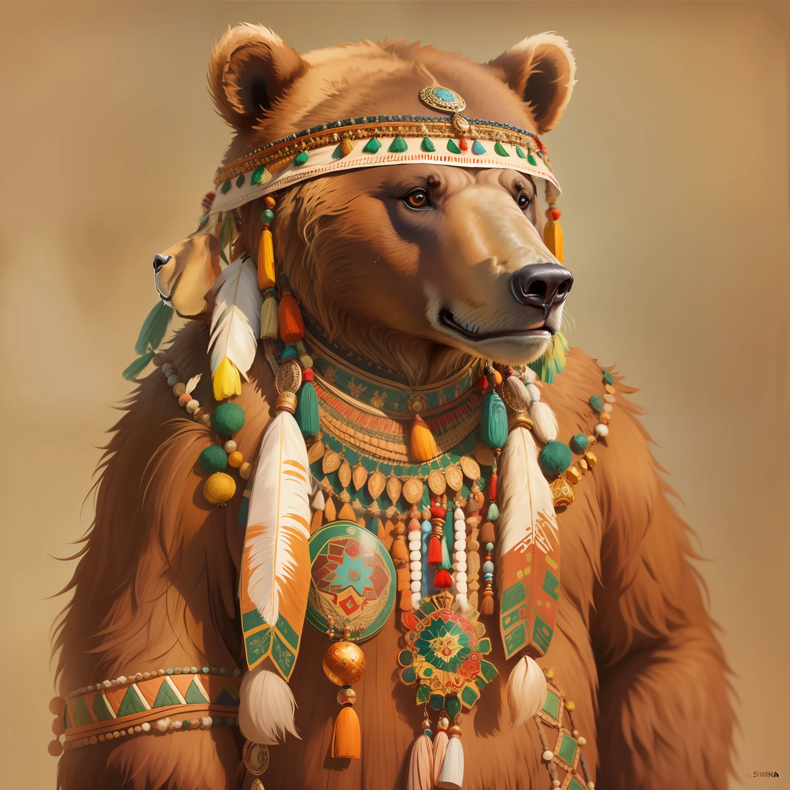 A brown bear with standing Indian accessories, imagem alto detalhe, simetria, Arte de Fantasia
