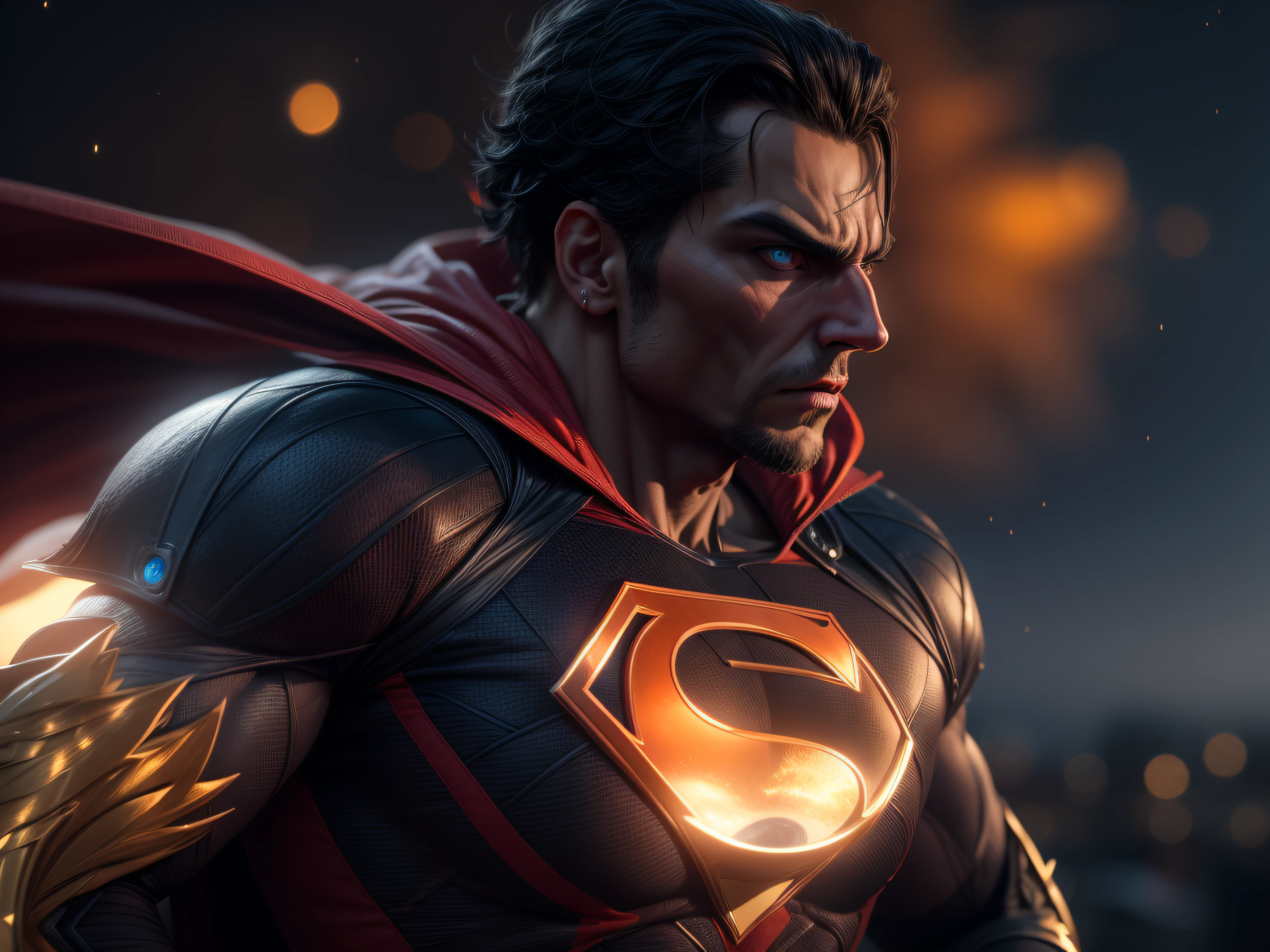 Close a powerful threat, The imposing appearance of the mighty Superman dressed in orange uniform, menacing stare, ricamente detalhado, Hiper realista, 3D-rendering, obra-prima, NVIDIA, RTX, ray-traced, Bokeh, Night sky with a huge and beautiful full moon, estrelas brilhando, 8k,
