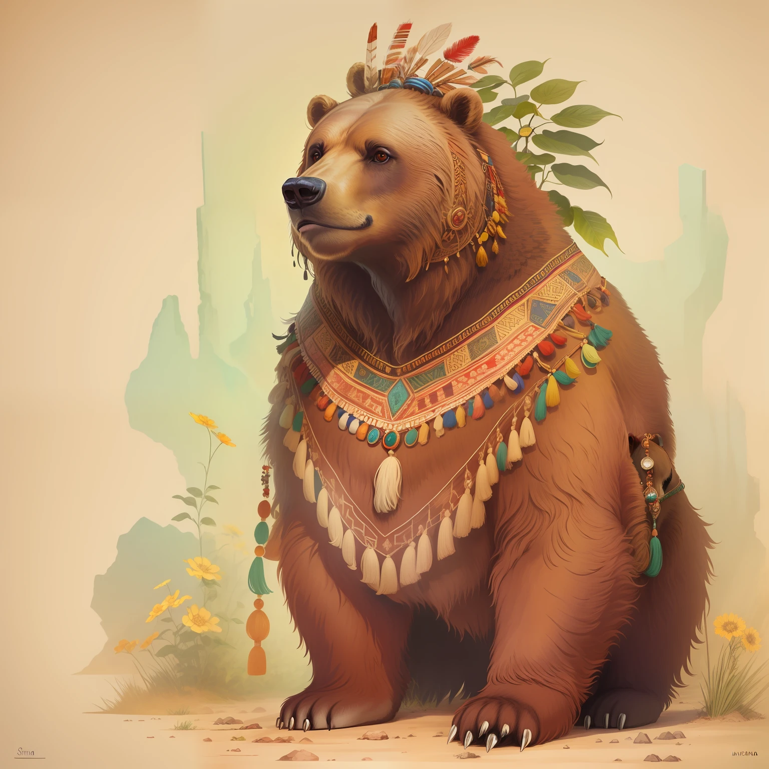 A brown bear with standing Indian accessories, imagem alto detalhe, simetria, Arte de Fantasia
