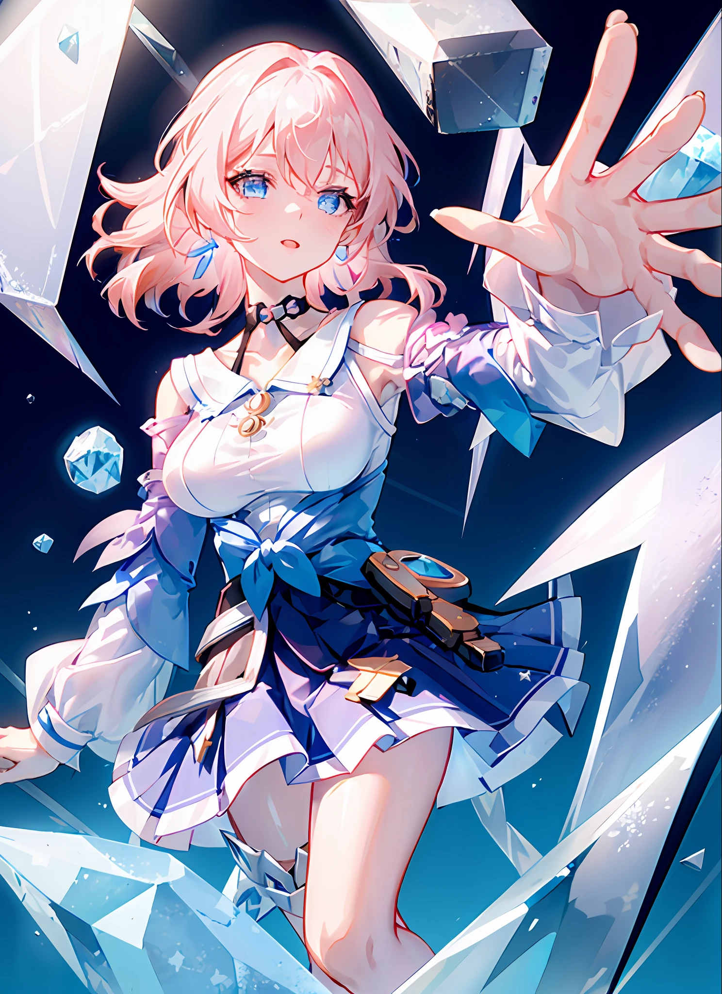 march 7th \(honkai: star rail\), 1girl, blue eyes, blue skirt, breasts, detached sleeves, earrings, ice, jewelry, long sleeves, medium breasts, medium hair, pink hair, shirt, skirt, solo, star \(symbol\), star earrings, white shirt