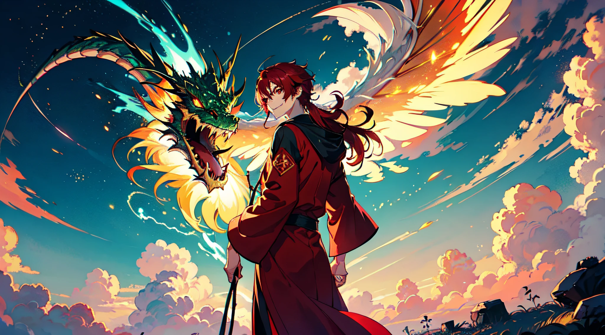 1 boy, Single, Red hair, Red eyes, clothes, Robes, Lightning, Looking at the audience, Long hair, sky, Mouth, Smile, Glow. Backlight. Cloud, Electricity, Green Dragon, Chinese dragon in the clouds，Sun，