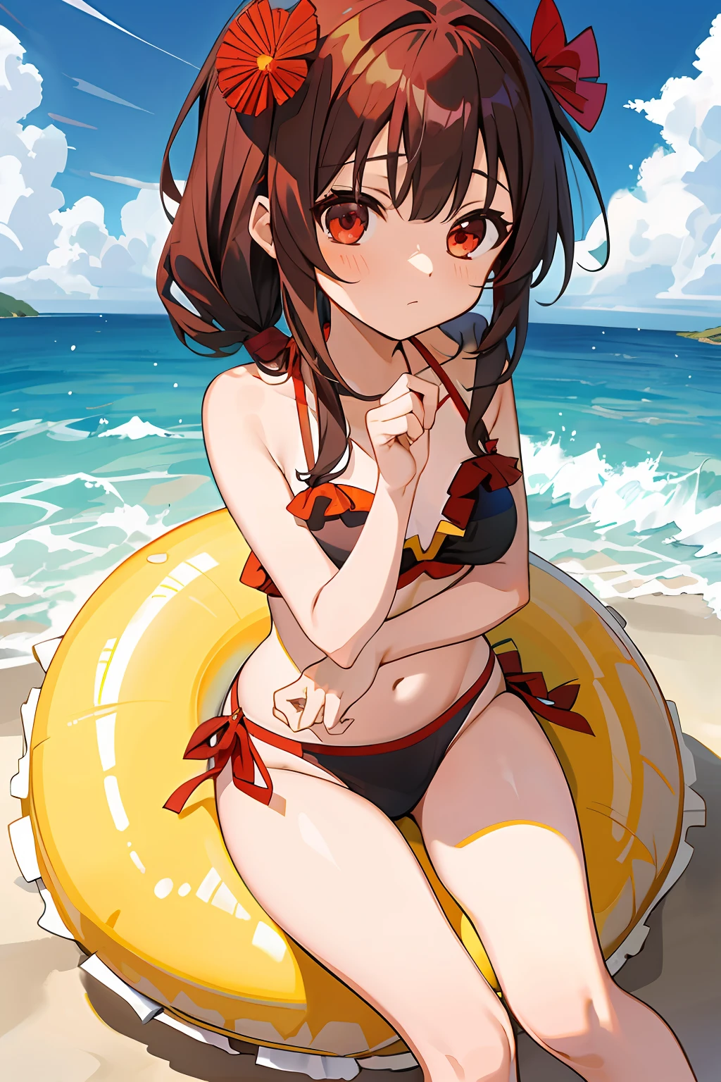 (obra-prima, melhor qualidade) detalhado, 1girl_megumin_konosuba, solo, oceano, rochas, sereia, shell bikini, cabelo curto vermelho, red eyes.