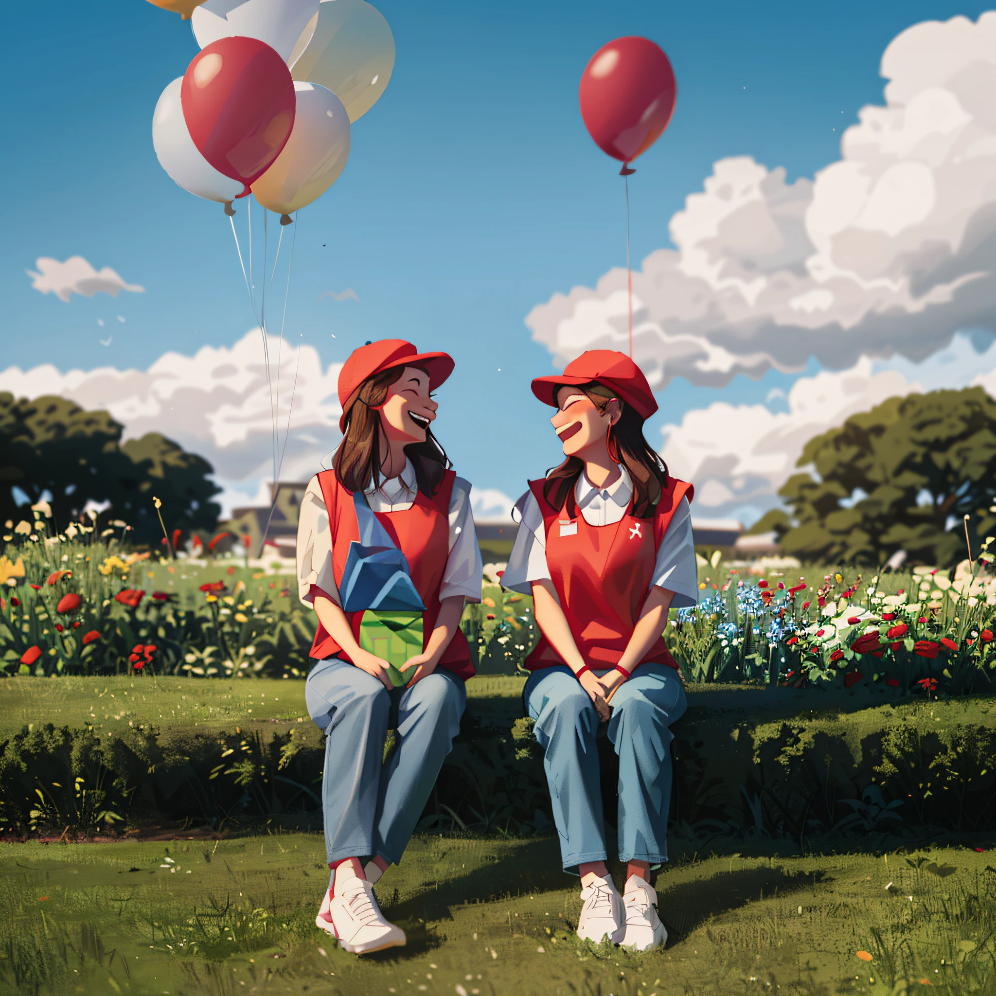 Two women sitting on the grass，With a red cap，Big red volunteer vest，Laughed happily，Both men were holding large gift bags，Balloon blue sky and white clouds in the background, Flowers around，Greenery，Sit in front position，bust，lovely digital painting, Beautiful digital illustration