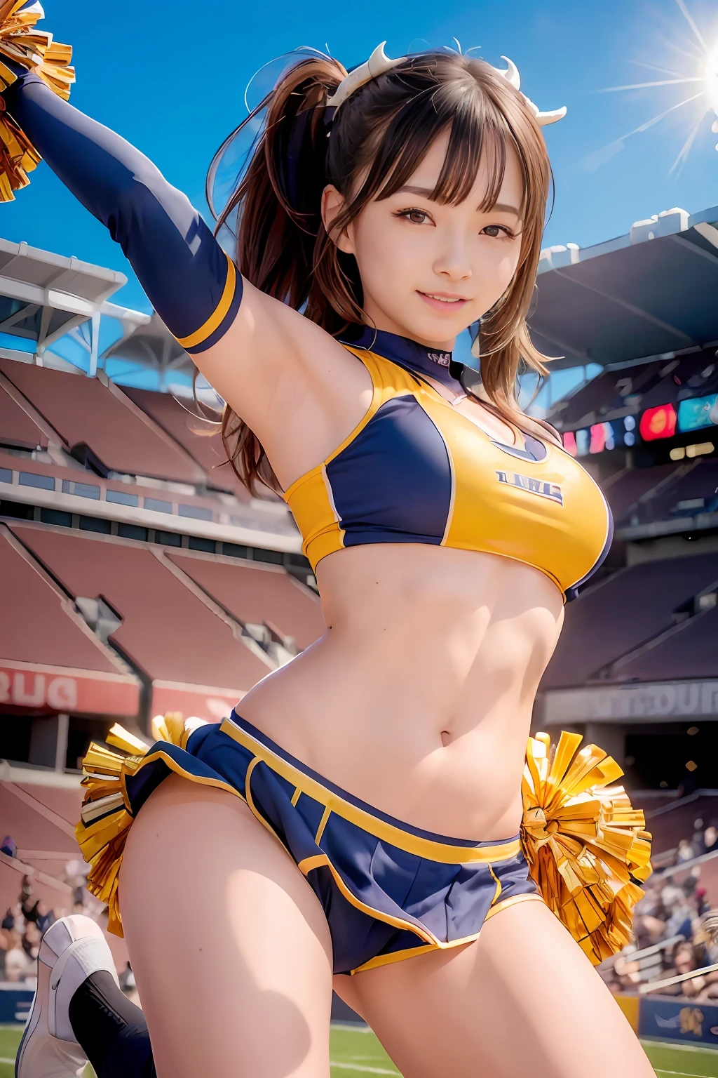 ((top-quality、8K、photographrealistic:1.4、​masterpiece))、Back lighting、highly detailed facial textures women、18year old、(((Bull Cheerleader:1.2)))、((Stadium Background:1.2))、with arms up、super-detaild skin、beautiful make up、A detailed eye、A smile、open open mouth、Glossy brown messy short hairstyle、Raise one leg、I see underwear