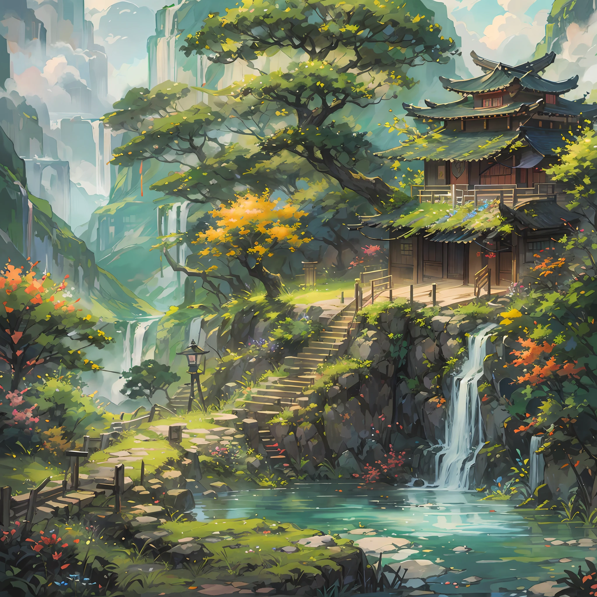 Chinese Antiquity、thatched hut、springtime、jungles、lakes、hole in the mountains、waterfallr，The tree、grassy fields、Rochas、hot onsen、hydrosphere、（illustratio：1.0）、Epic composition、Realistic lighting、high definition detail、tmasterpiece、Best quality，（非常详细的 CG 统一 8k 壁纸）