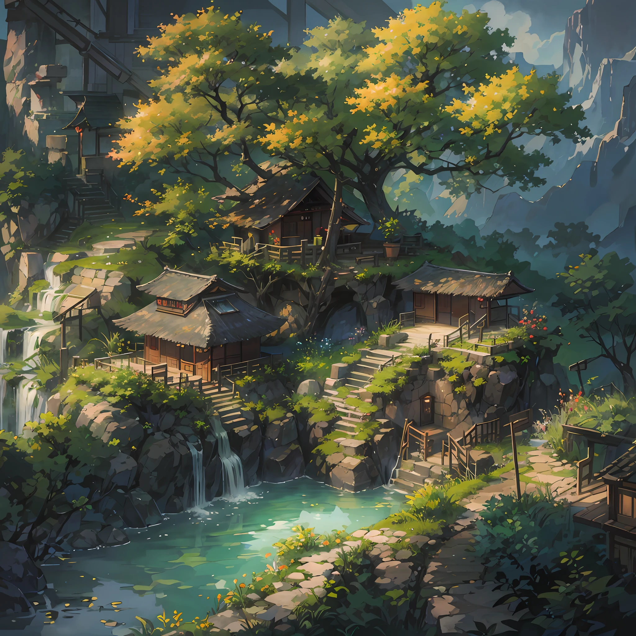 Chinese Antiquity、thatched hut、springtime、jungles、lakes、hole in the mountains、waterfallr,The tree、grassy fields、Rochas、hot onsen、hydrosphere、(illustratio:1.0)、Epic composition、Realistic lighting、high definition detail、tmasterpiece、Best quality,(非常详细的 CG 统一 8k 壁纸)