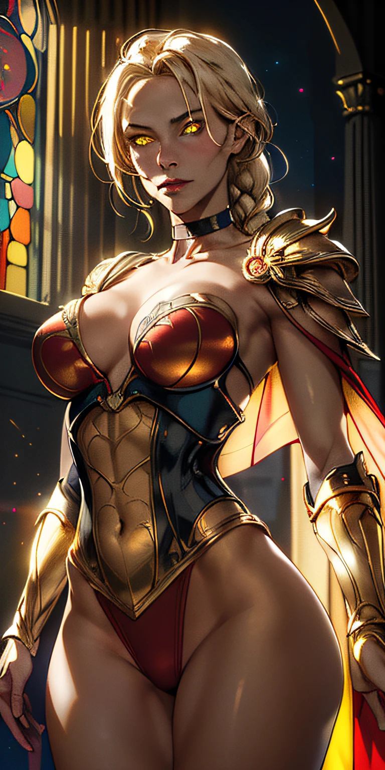 1girl, full breasts, slim waist, wearing ornate golden shoulder pads, choker, golden mesh bustier, single braid, blonde, bright yellow eyes, bright pupils, eye focus, red cape, temple indoors, stained glass, night, moonlight, particles, beam of light, chromatic aberration, intense energy emanating from body, yellow vapor coming out of eyes