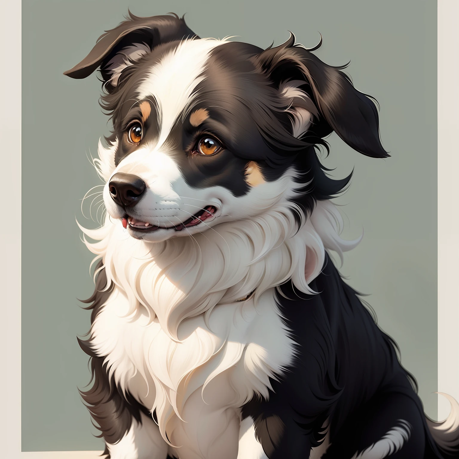 Border collie dog with only black and white spots of medium size and adulthood, estilo del estudio ghibli